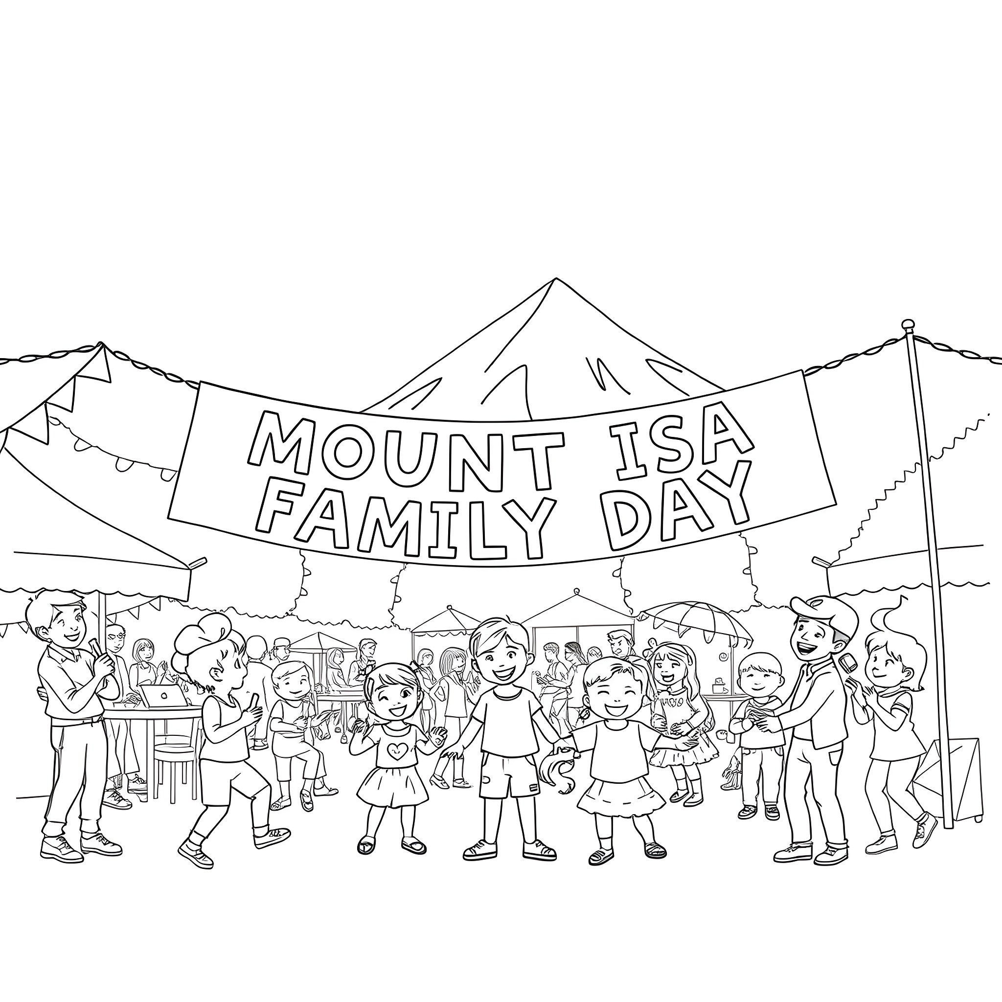 Bunting Celebration of Mount Isa Family Day Coloring Page (free black-and-white line drawing printable PDF for all, from beginners to advanced learners, including children, teens, adults, and seniors)
