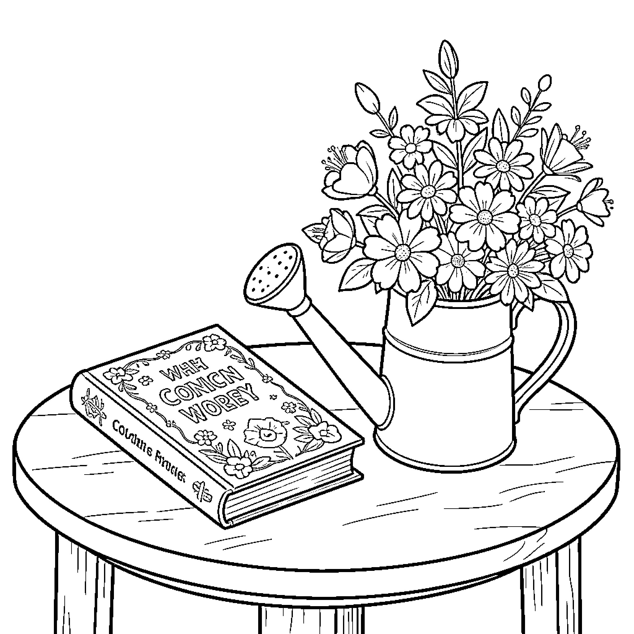 Flower Pot with Gardening Book on Table Coloring Page (free black-and-white line drawing printable PDF for all, from beginners to advanced learners, including children, teens, adults, and seniors)