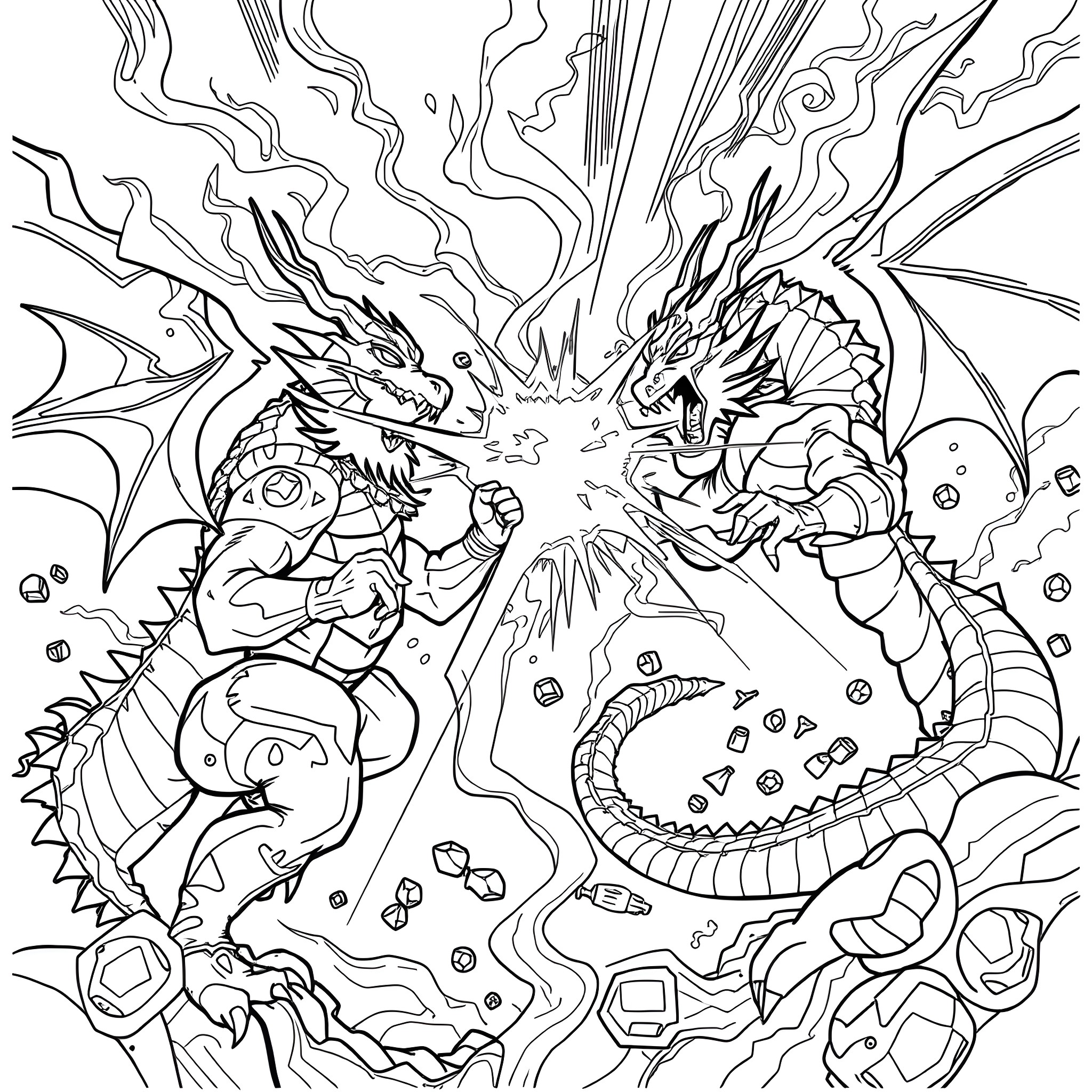 Grade Battle of Mighty Dragons Coloring Page (free black-and-white line drawing printable PDF for all, from beginners to advanced learners, including children, teens, adults, and seniors)