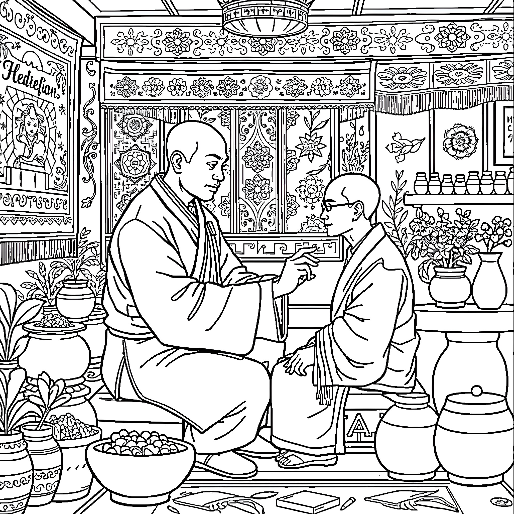 Doctor Providing Medical Care in Traditional Clinic Coloring Page (free black-and-white line drawing printable PDF for all, from beginners to advanced learners, including children, teens, adults, and seniors)