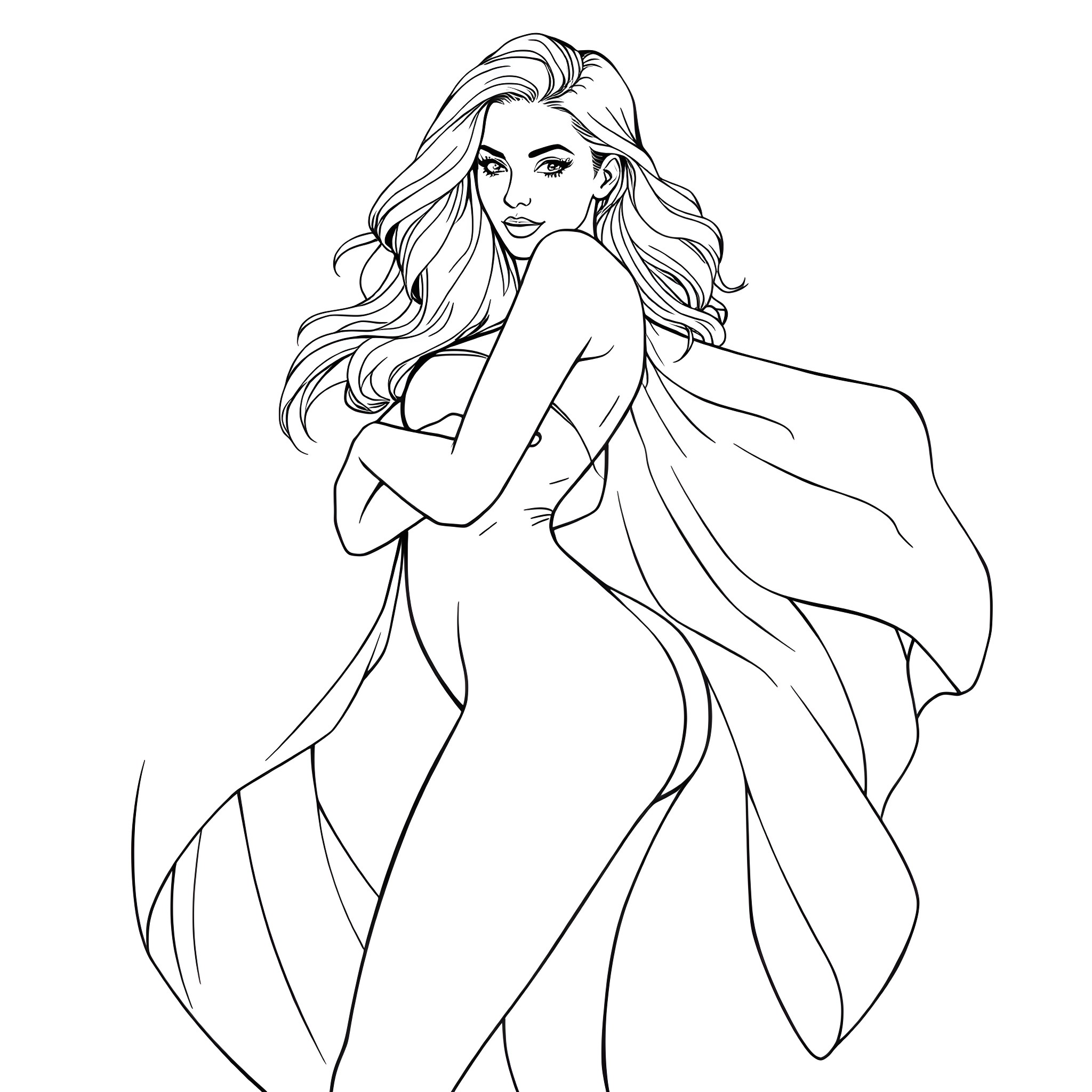 Woman in elegant evening gown posing gracefully Coloring Page (free black-and-white line drawing printable PDF for all, from beginners to advanced learners, including children, teens, adults, and seniors)