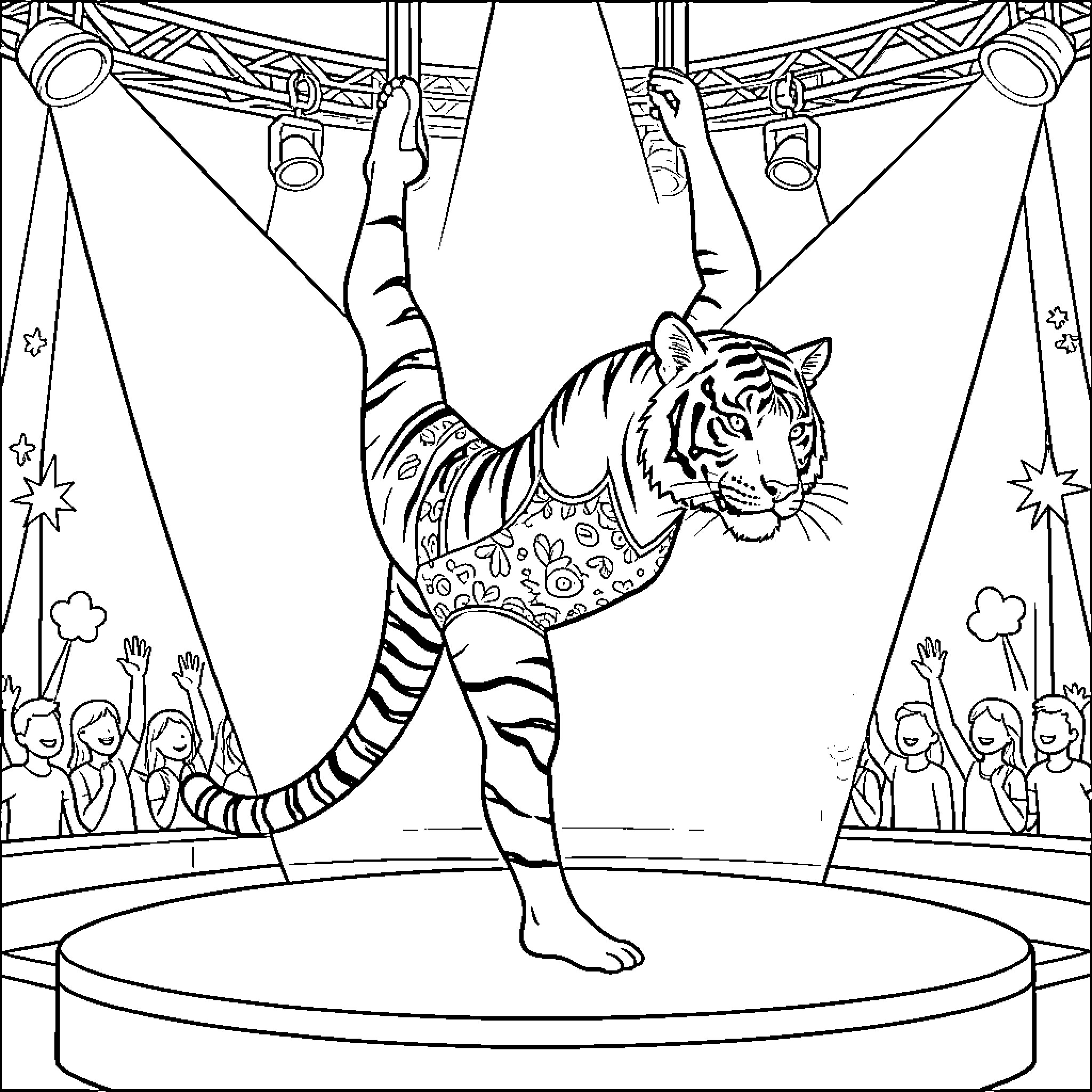 Tiger performing acrobatic tricks in circus arena Coloring Page (free black-and-white line drawing printable PDF for all, from beginners to advanced learners, including children, teens, adults, and seniors)