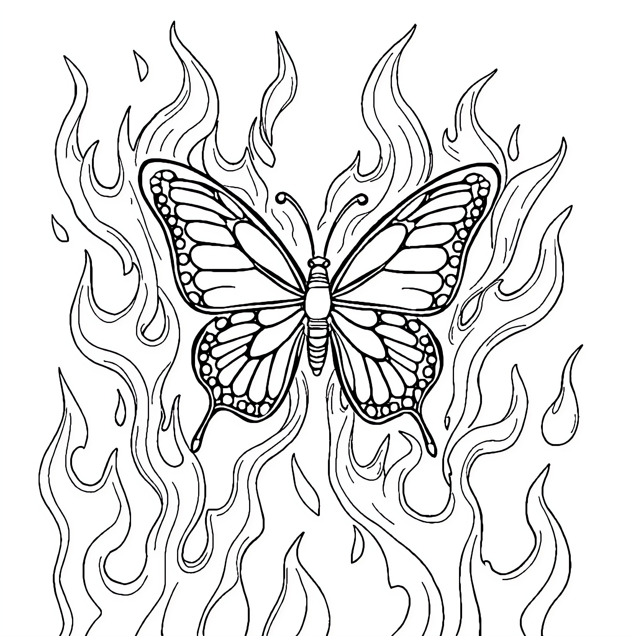 Butterfly surrounded by abstract flames Coloring Page (free black-and-white line drawing printable PDF for all, from beginners to advanced learners, including children, teens, adults, and seniors)