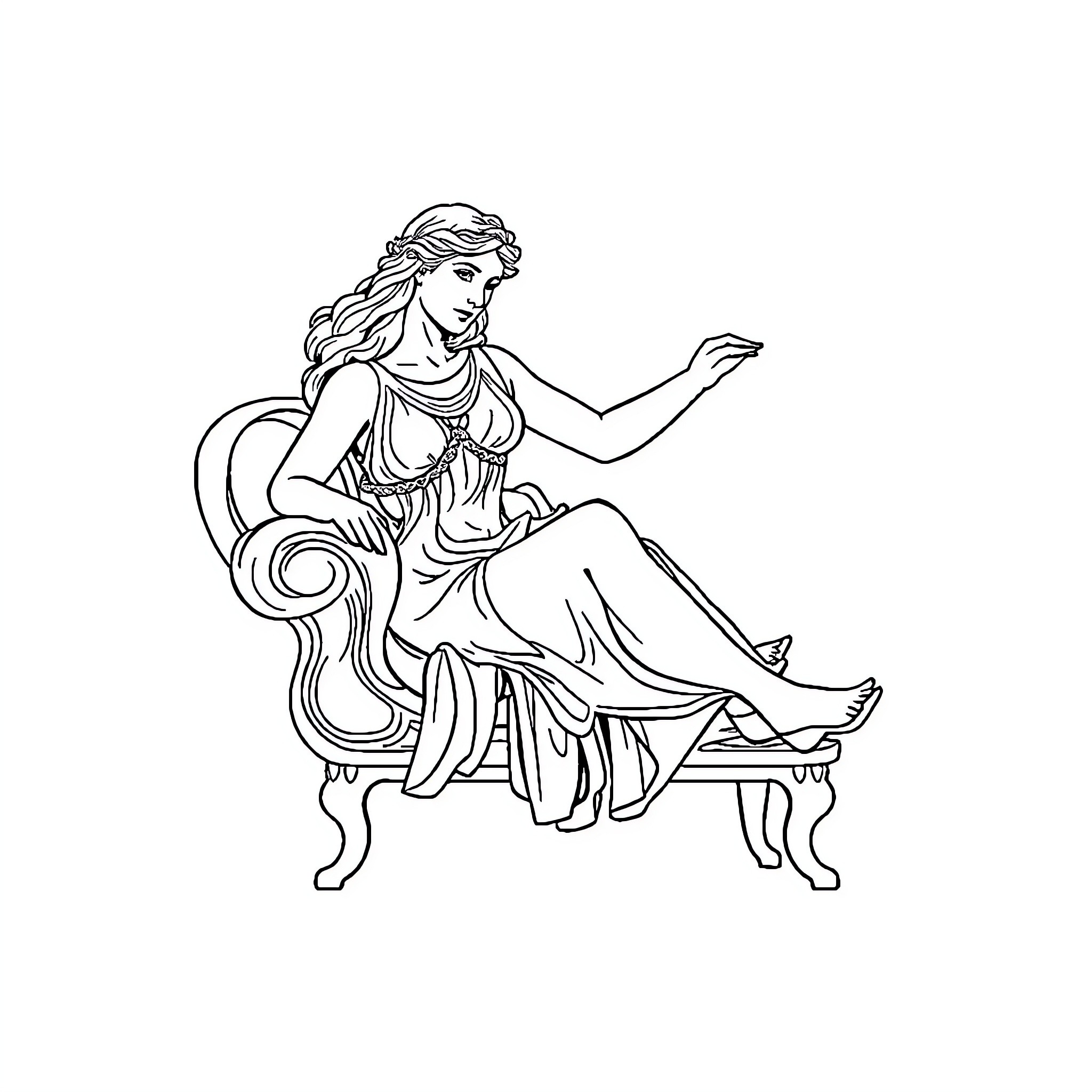 Athena, the Goddess of Wisdom, Seated in Contemplation Coloring Page (free black-and-white line drawing printable PDF for all, from beginners to advanced learners, including children, teens, adults, and seniors)