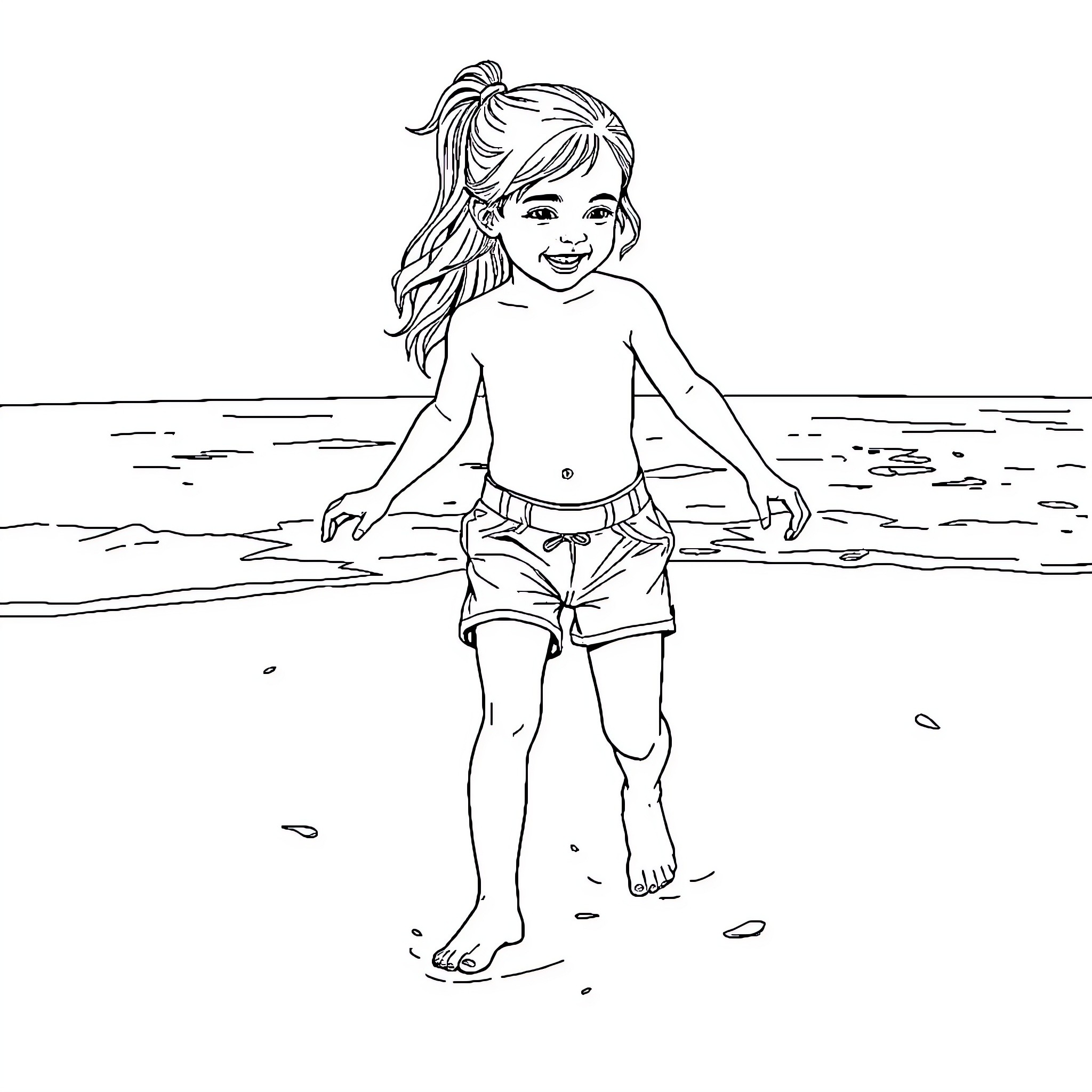 Girl playing happily on the beach Coloring Page (free black-and-white line drawing printable PDF for all, from beginners to advanced learners, including children, teens, adults, and seniors)