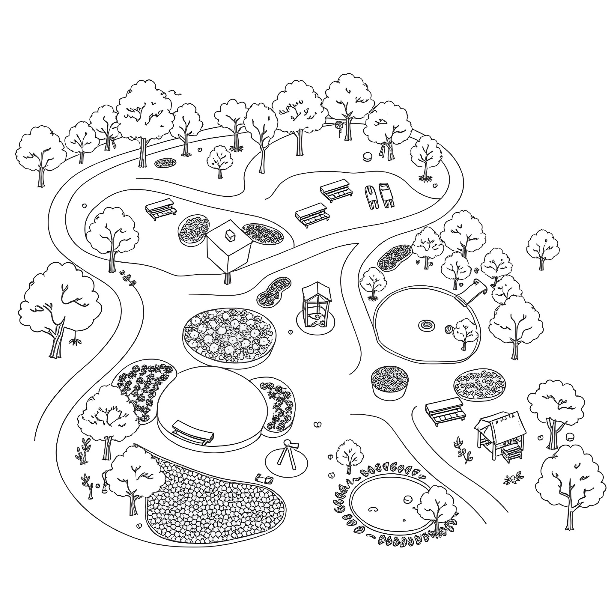 Map of a whimsical garden landscape Coloring Page (free black-and-white line drawing printable PDF for all, from beginners to advanced learners, including children, teens, adults, and seniors)