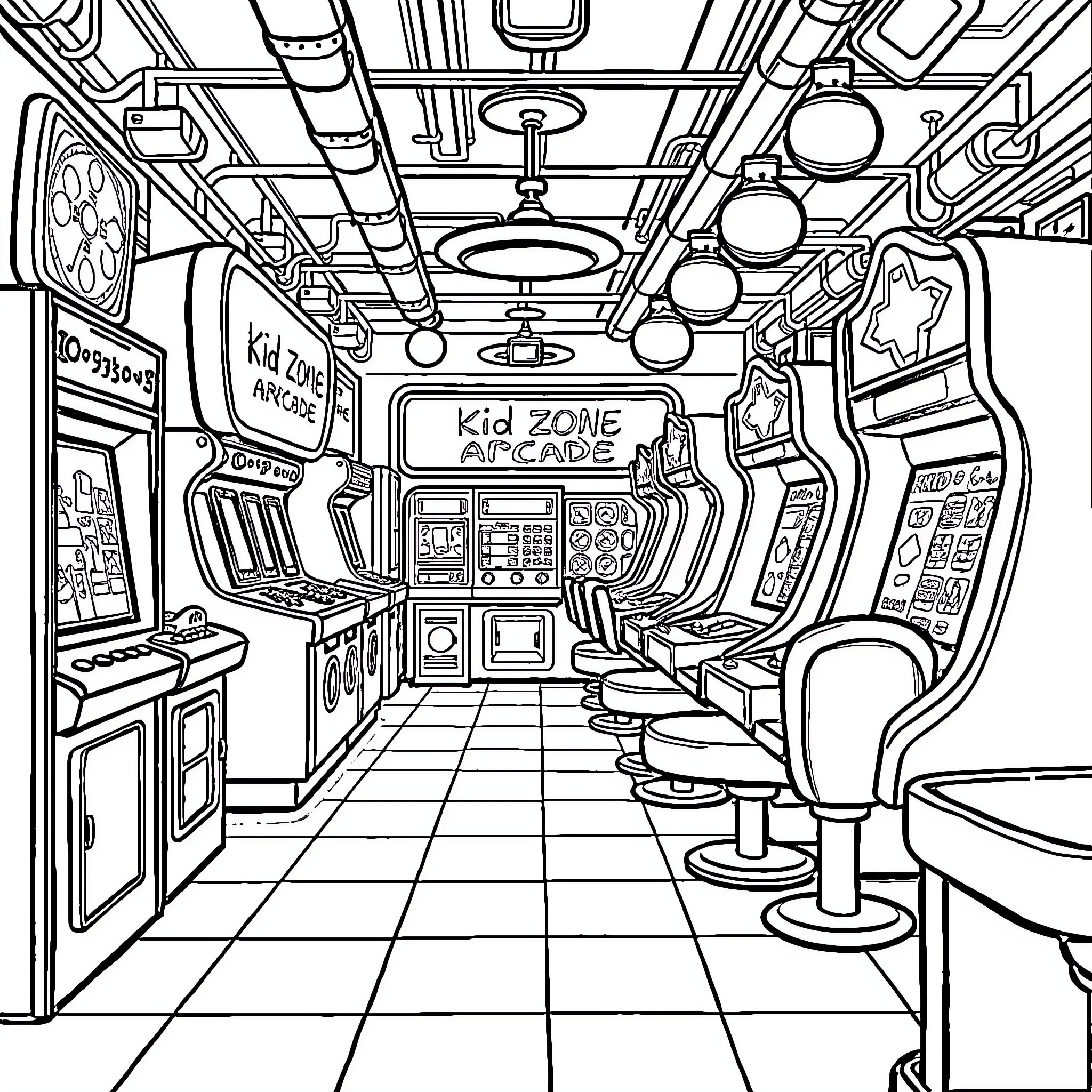 Kid Enjoying Fun-Filled Arcade Zone Coloring Page (free black-and-white line drawing printable PDF for all, from beginners to advanced learners, including children, teens, adults, and seniors)