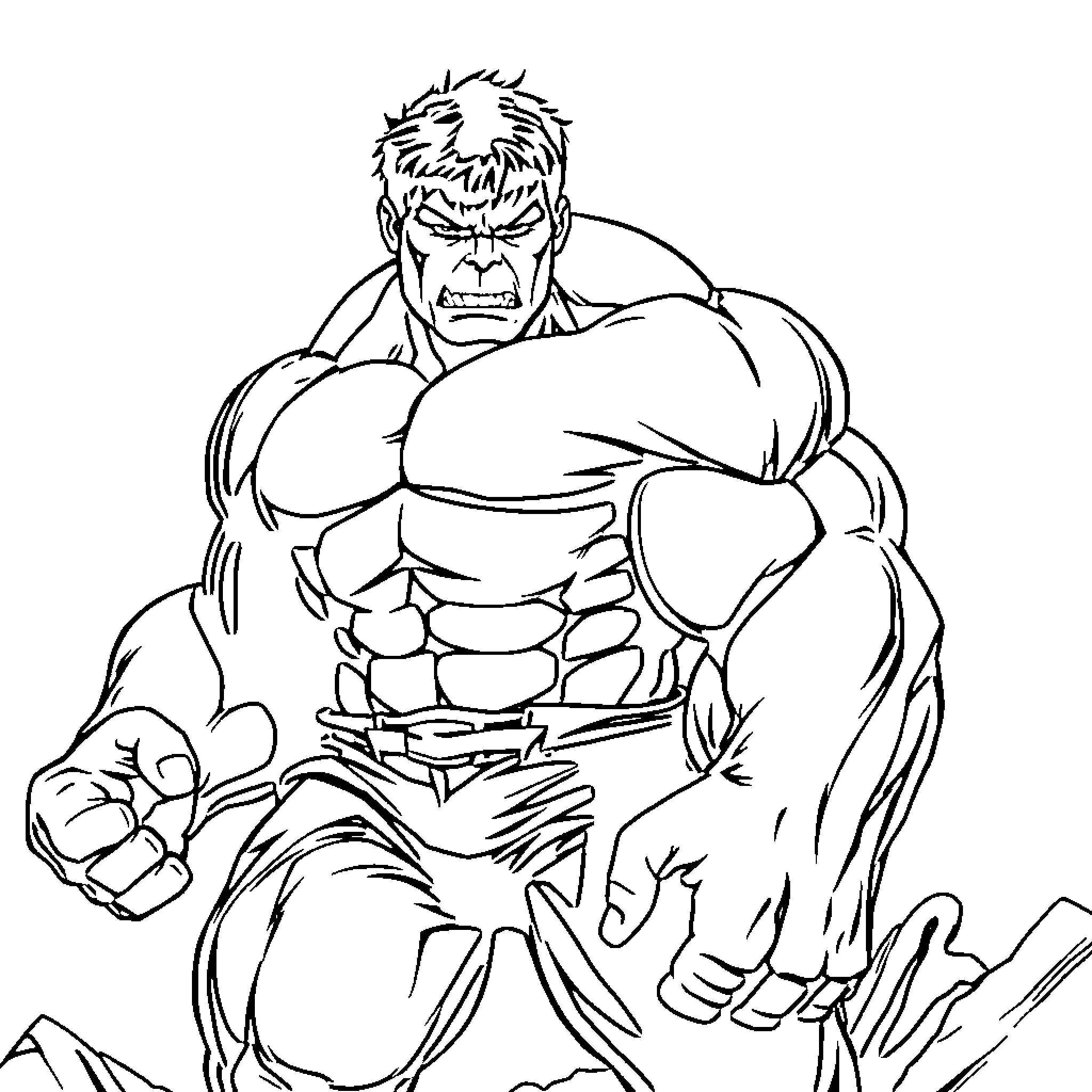 Hulk Unleashed: Powerful Superhero Stands Ready for Action Coloring Page (free black-and-white line drawing printable PDF for all, from beginners to advanced learners, including children, teens, adults, and seniors)