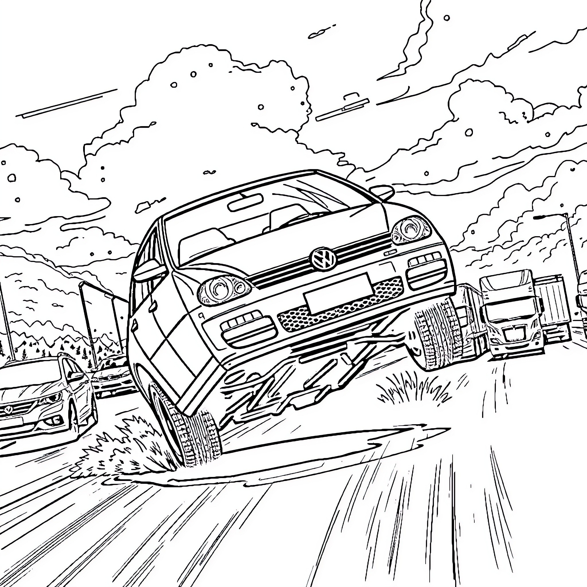 Volkswagen vehicle racing through the countryside Coloring Page (free black-and-white line drawing printable PDF for all, from beginners to advanced learners, including children, teens, adults, and seniors)