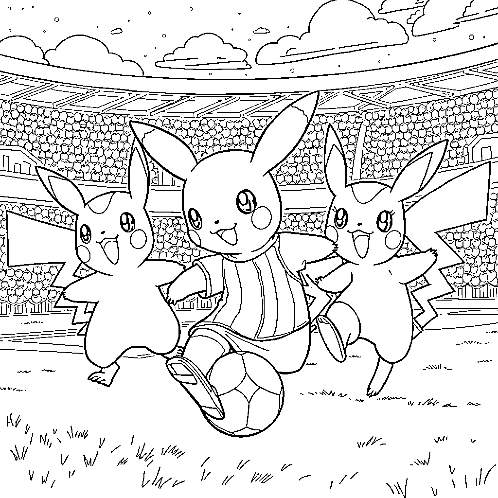 Pokémon Characters Playing Together in a Scenic Outdoor Setting Coloring Page (free black-and-white line drawing printable PDF for all, from beginners to advanced learners, including children, teens, adults, and seniors)