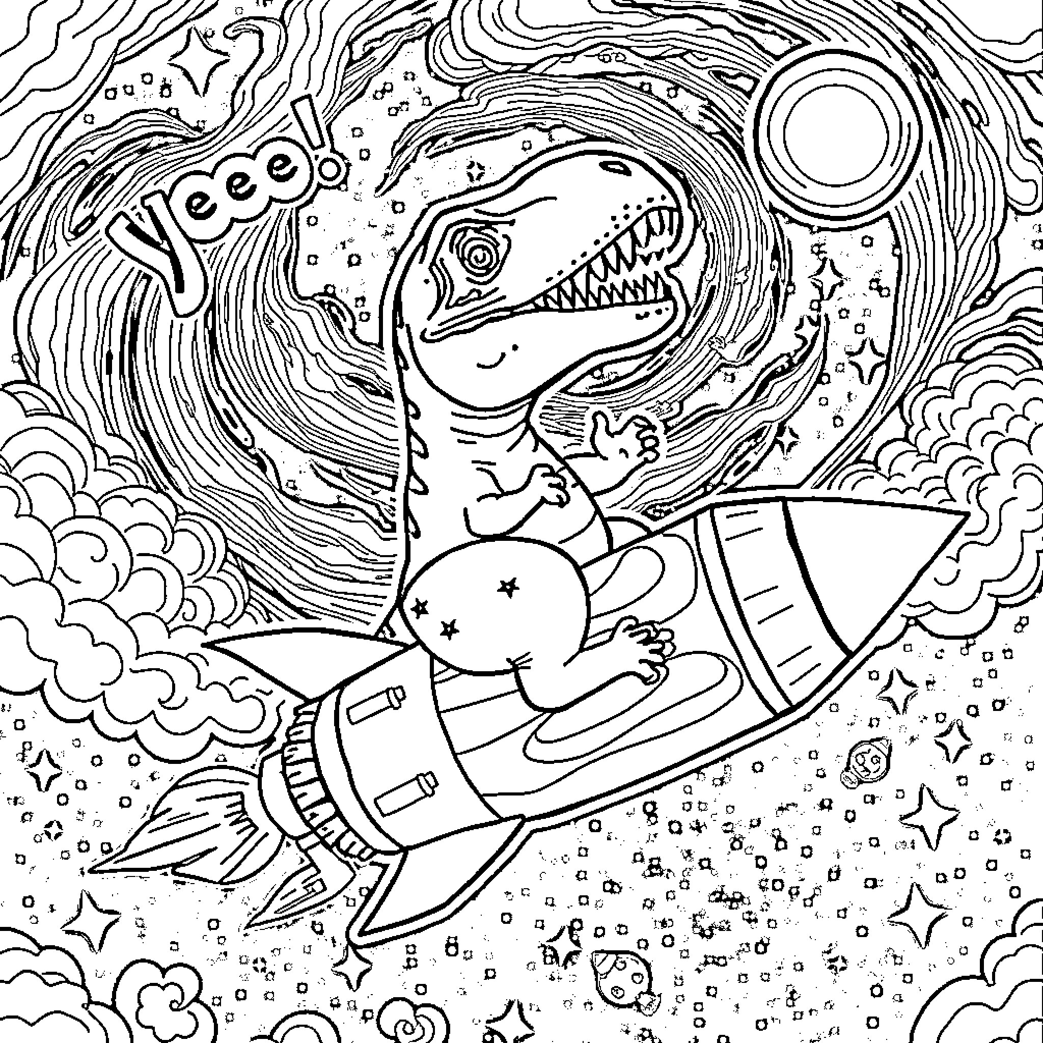 T-Rex Riding a Rocket in Space Adventure Coloring Page (free black-and-white line drawing printable PDF for all, from beginners to advanced learners, including children, teens, adults, and seniors)