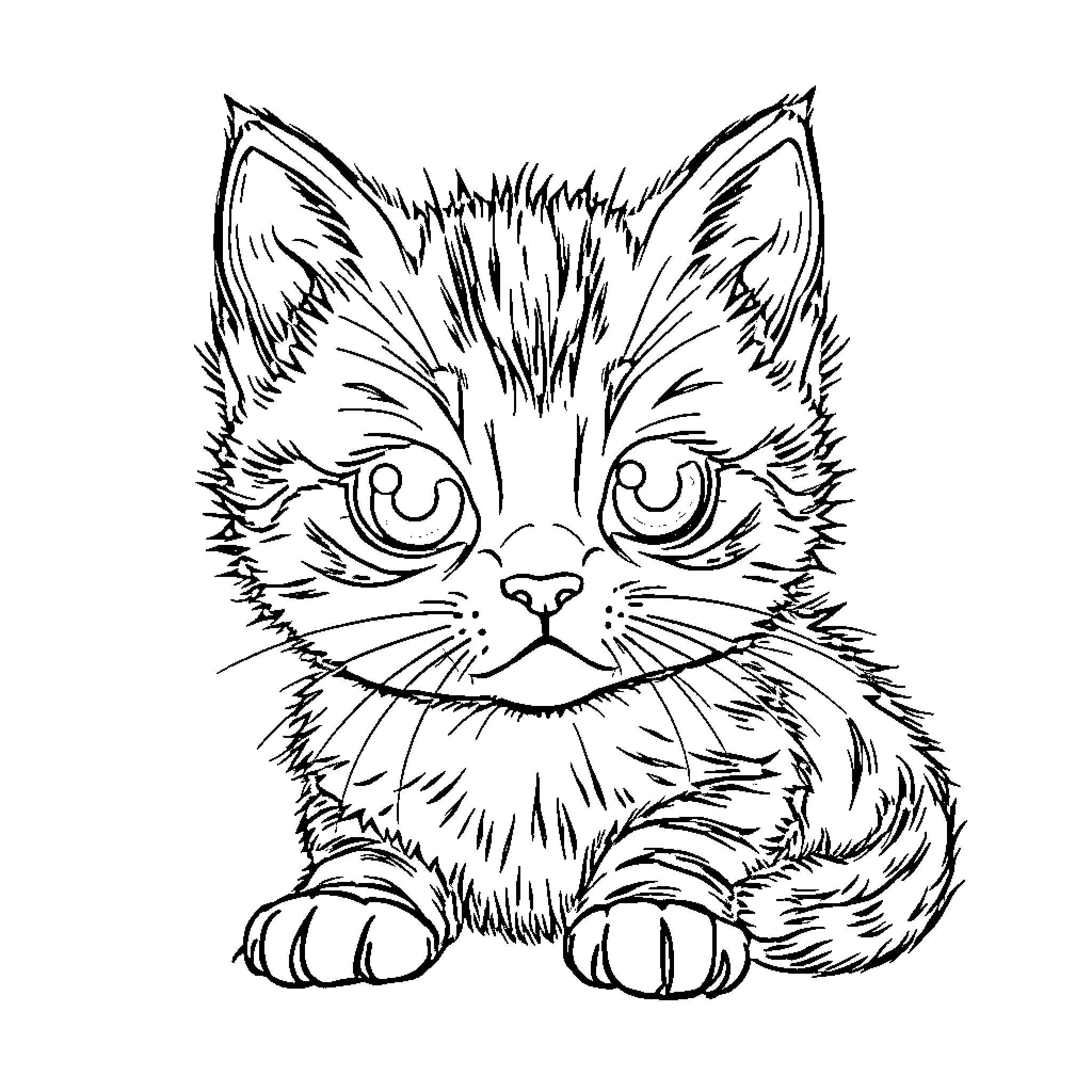 Kitten with big eyes in black and white illustration Coloring Page (free black-and-white line drawing printable PDF for all, from beginners to advanced learners, including children, teens, adults, and seniors)