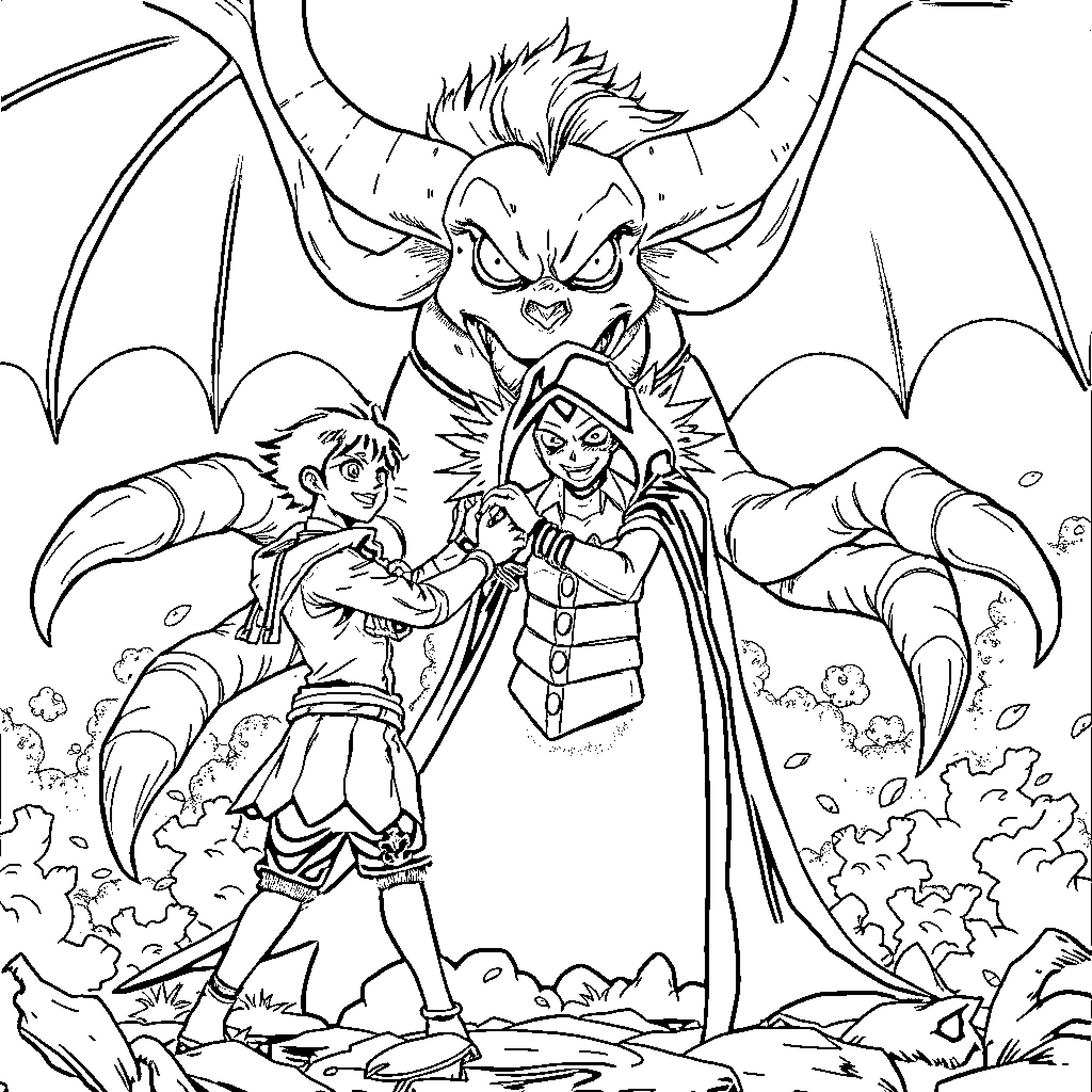 Nico Robin and Monkey D. Luffy facing a monstrous villain Coloring Page (free black-and-white line drawing printable PDF for all, from beginners to advanced learners, including children, teens, adults, and seniors)