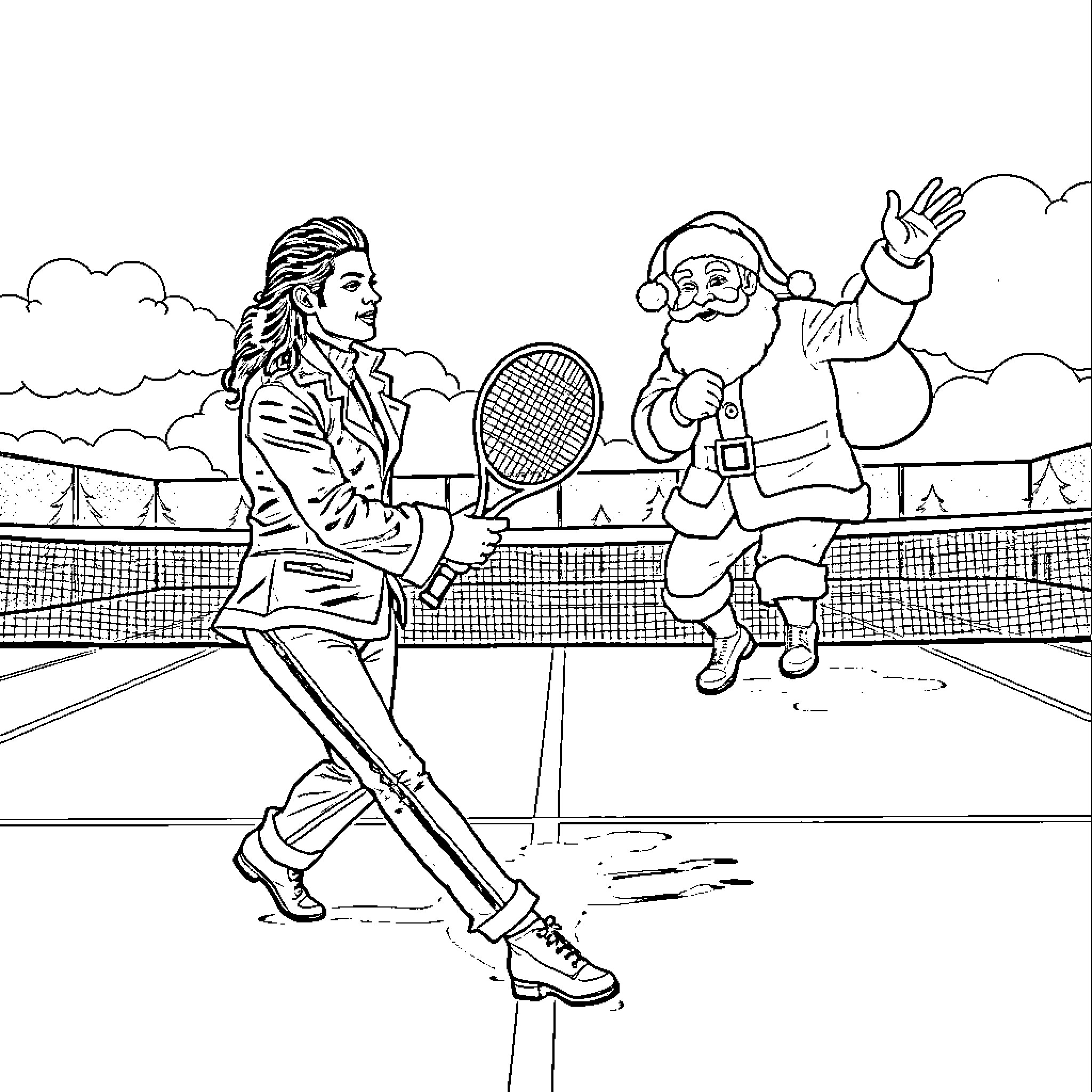 Michael Jackson Plays Tennis with Santa Claus Coloring Page (free black-and-white line drawing printable PDF for all, from beginners to advanced learners, including children, teens, adults, and seniors)