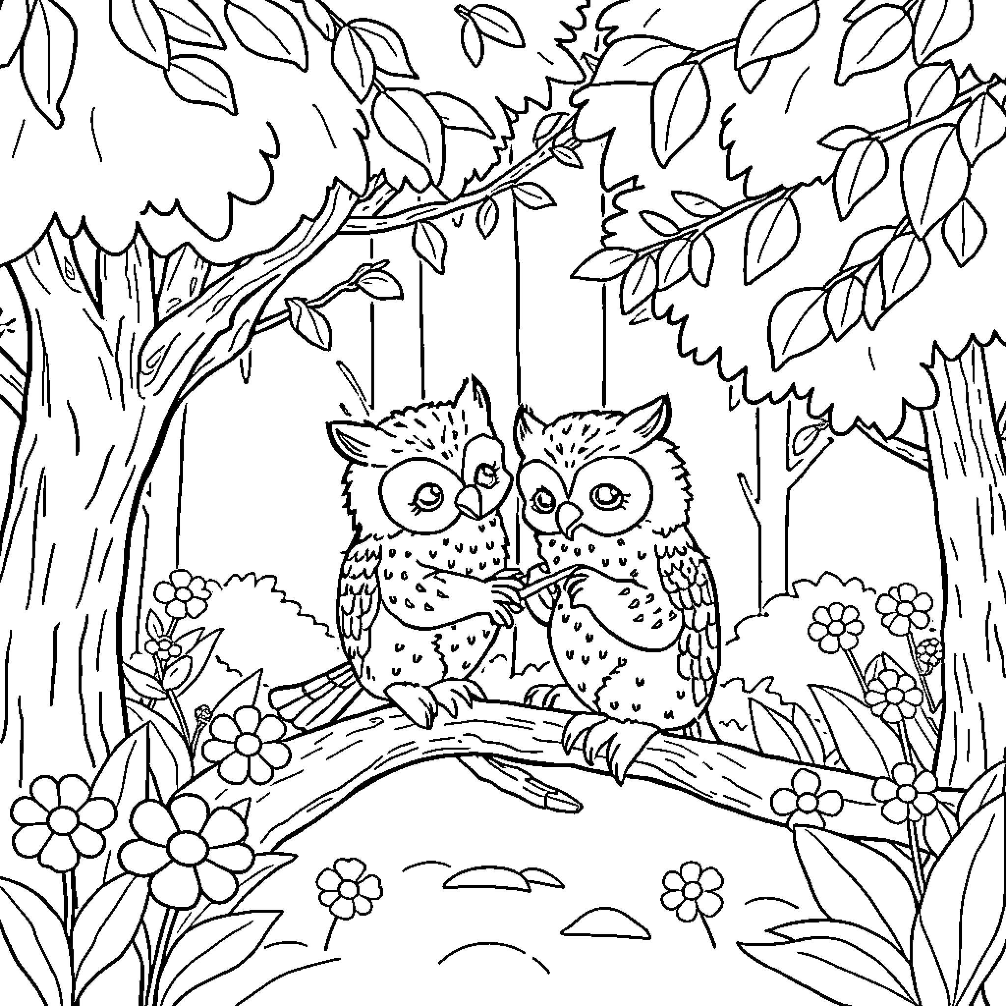 Teddy Bear Owls Cuddling in Whimsical Forest Coloring Page (free black-and-white line drawing printable PDF for all, from beginners to advanced learners, including children, teens, adults, and seniors)