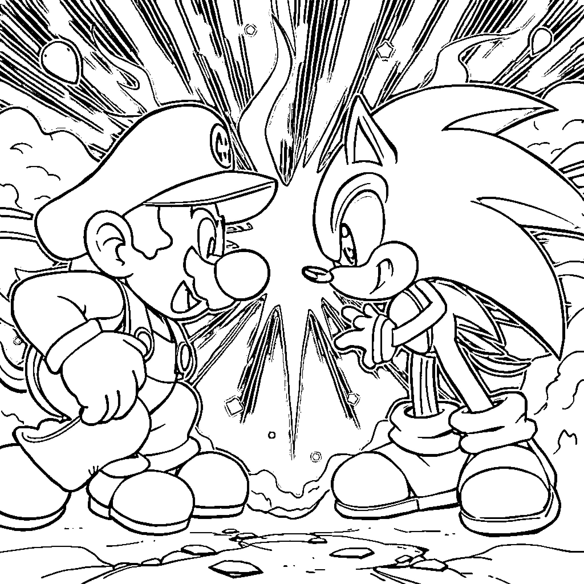 Mario's Dramatic Encounter with Sonic Coloring Page (free black-and-white line drawing printable PDF for all, from beginners to advanced learners, including children, teens, adults, and seniors)