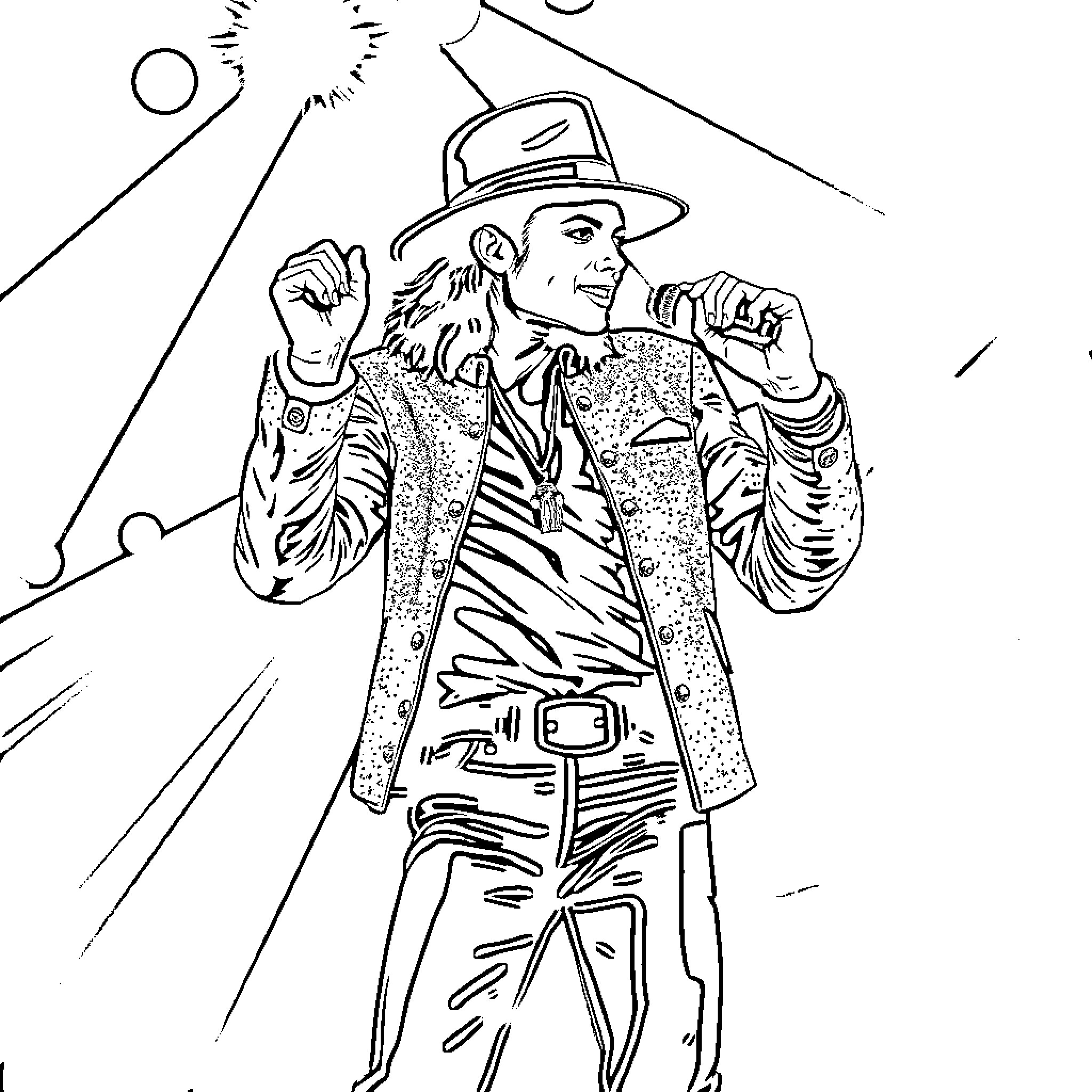 Michael Jackson's Iconic Stage Presence Coloring Page (free black-and-white line drawing printable PDF for all, from beginners to advanced learners, including children, teens, adults, and seniors)