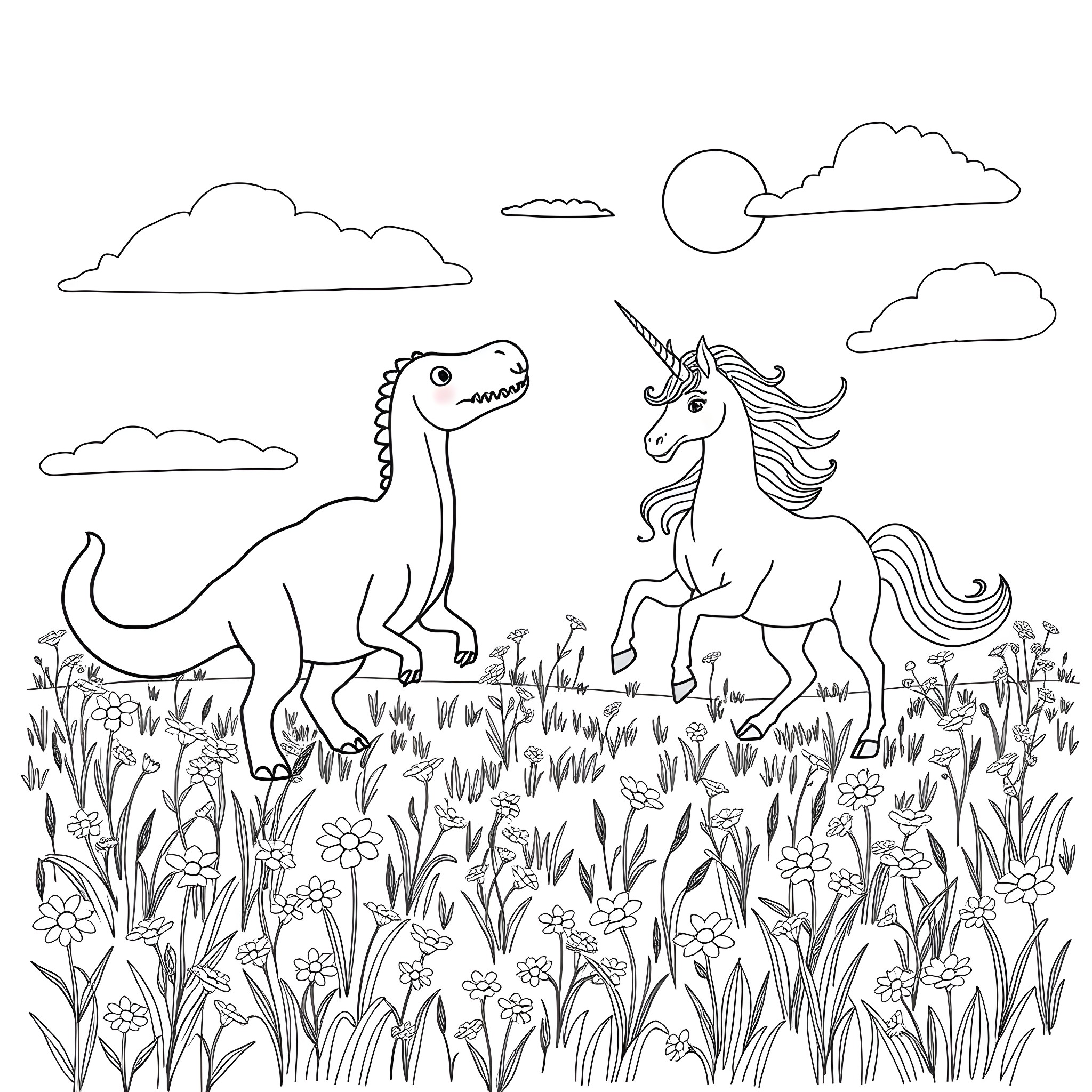 Dinosaur and Unicorn Exploring the Meadow Coloring Page (free black-and-white line drawing printable PDF for all, from beginners to advanced learners, including children, teens, adults, and seniors)
