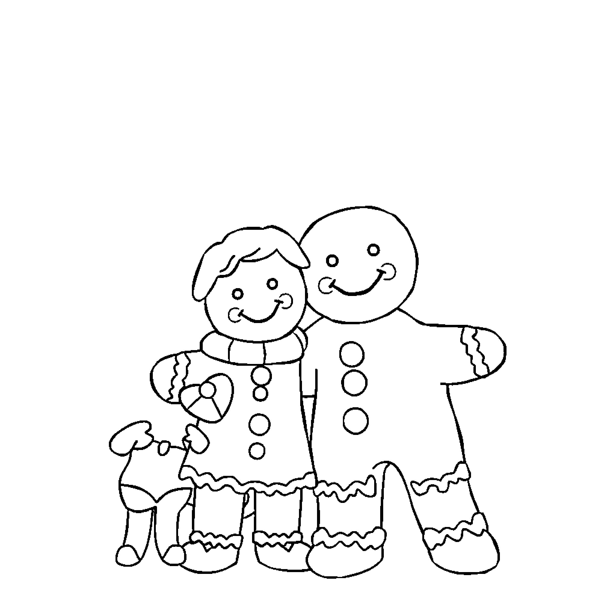 Gingerbread friends sharing a joyful embrace Coloring Page (free black-and-white line drawing printable PDF for all, from beginners to advanced learners, including children, teens, adults, and seniors)