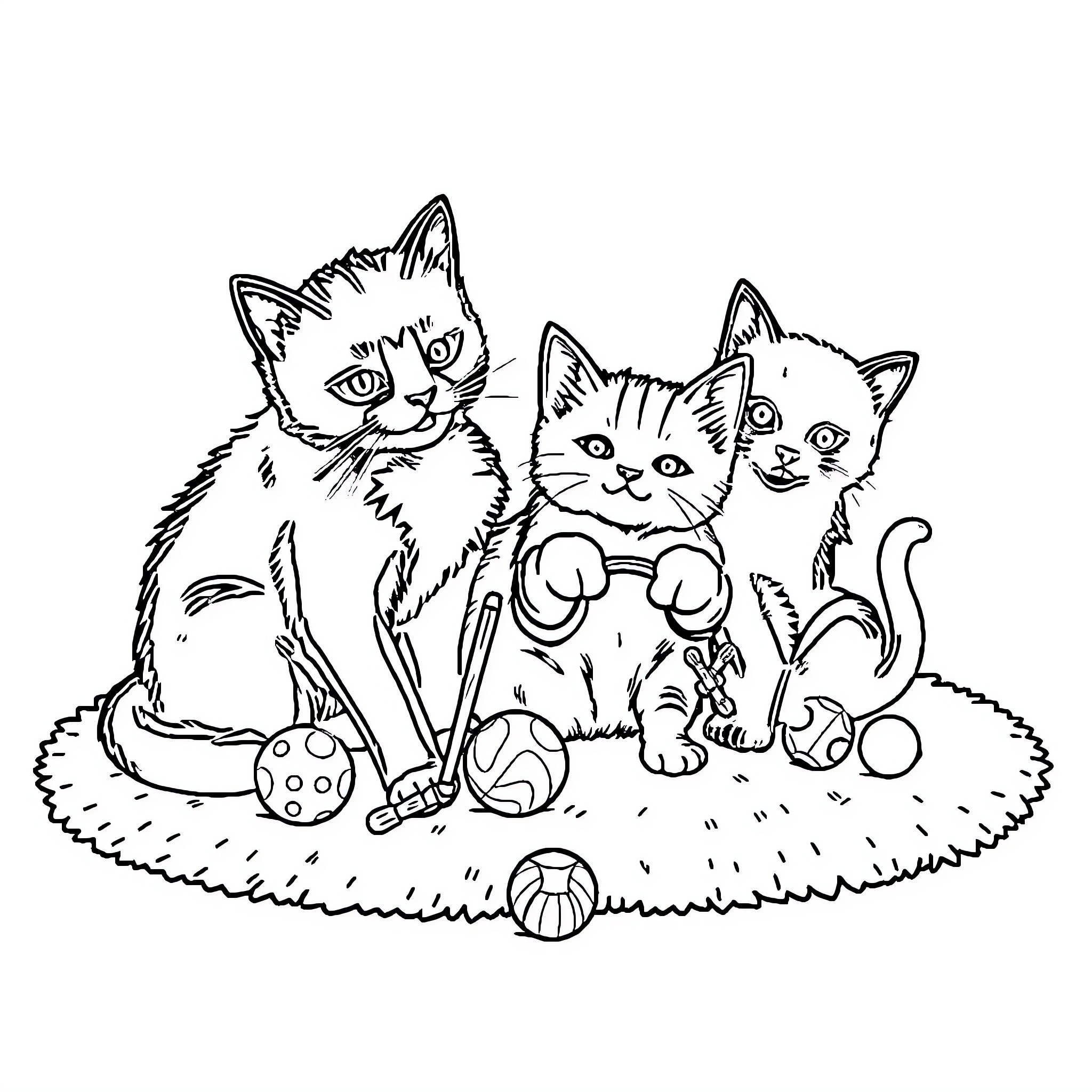 Cat and kittens playing with toys on grass Coloring Page (free black-and-white line drawing printable PDF for all, from beginners to advanced learners, including children, teens, adults, and seniors)