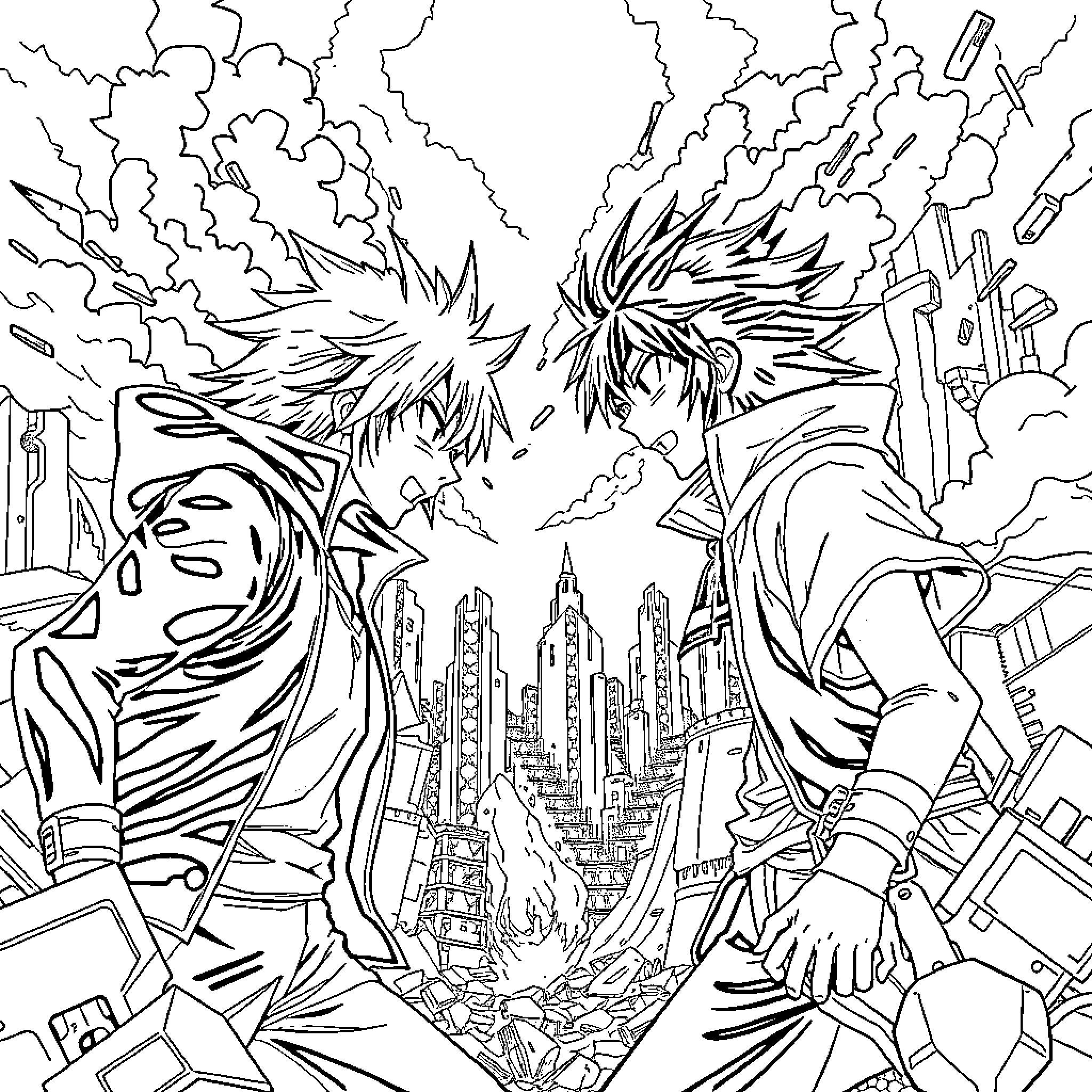 Midoriya facing off against powerful opponents in a cityscape Coloring Page (free black-and-white line drawing printable PDF for all, from beginners to advanced learners, including children, teens, adults, and seniors)