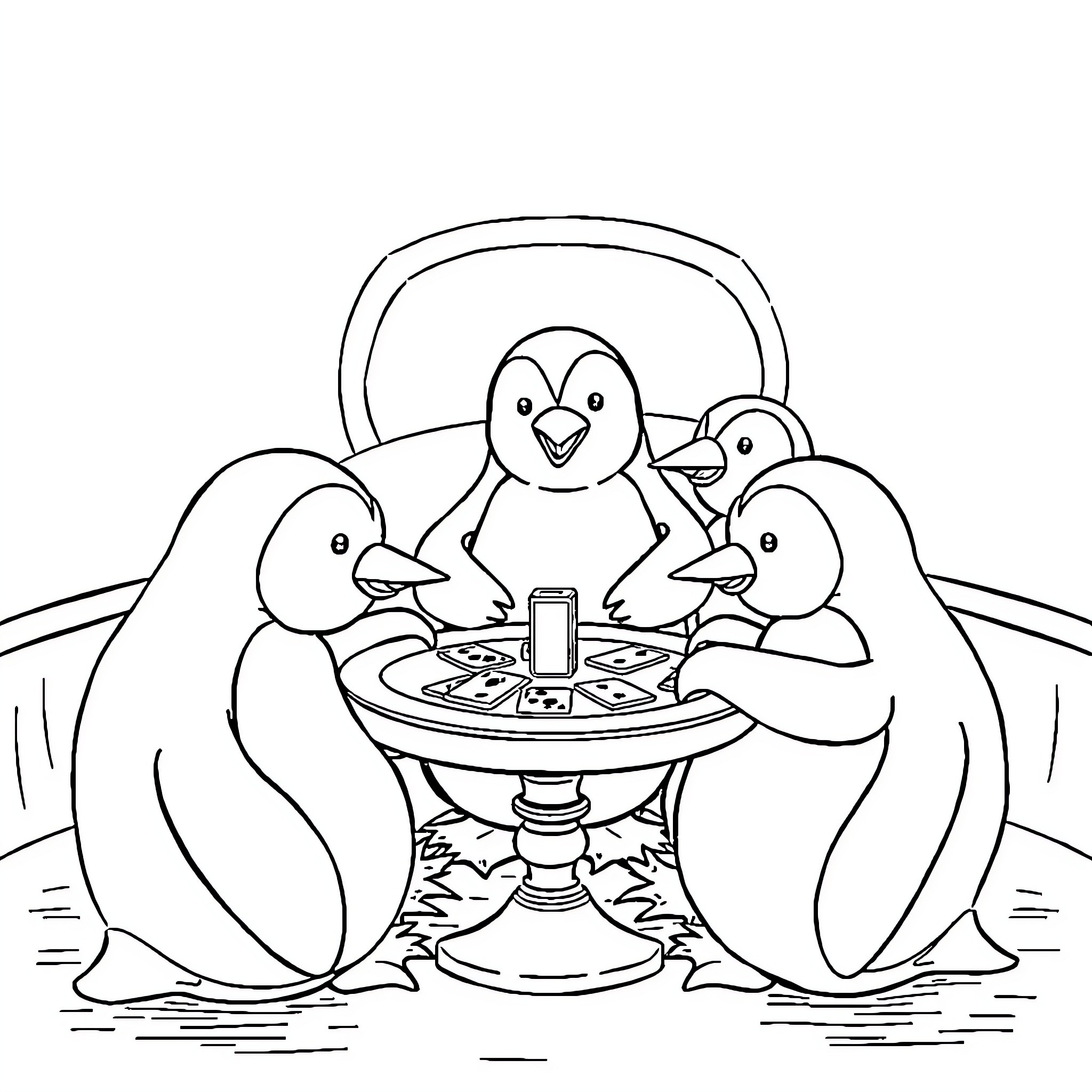 Penguin friends enjoying a festive meal together Coloring Page (free black-and-white line drawing printable PDF for all, from beginners to advanced learners, including children, teens, adults, and seniors)