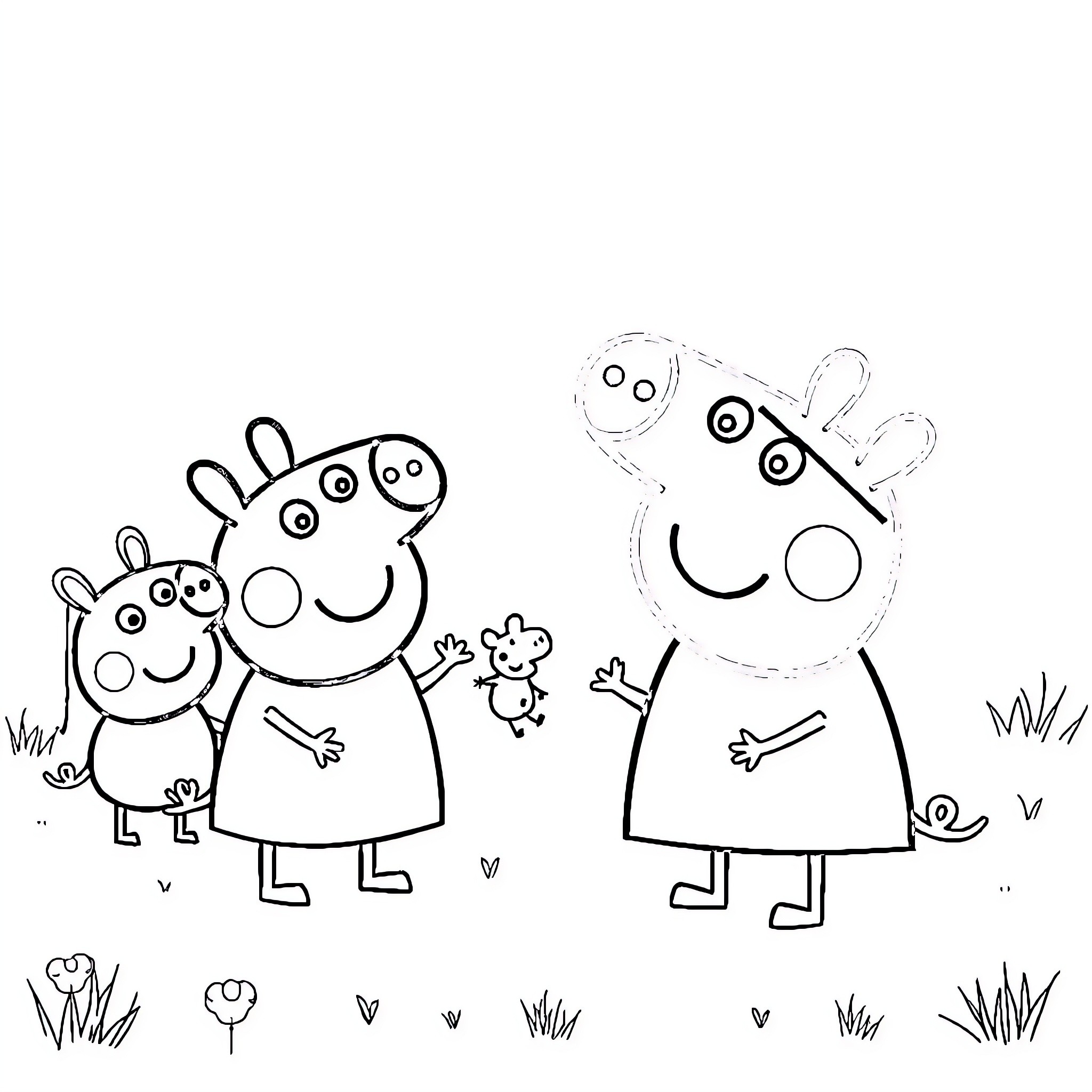 Peppa Pig family enjoying outdoors Coloring Page (free black-and-white line drawing printable PDF for all, from beginners to advanced learners, including children, teens, adults, and seniors)