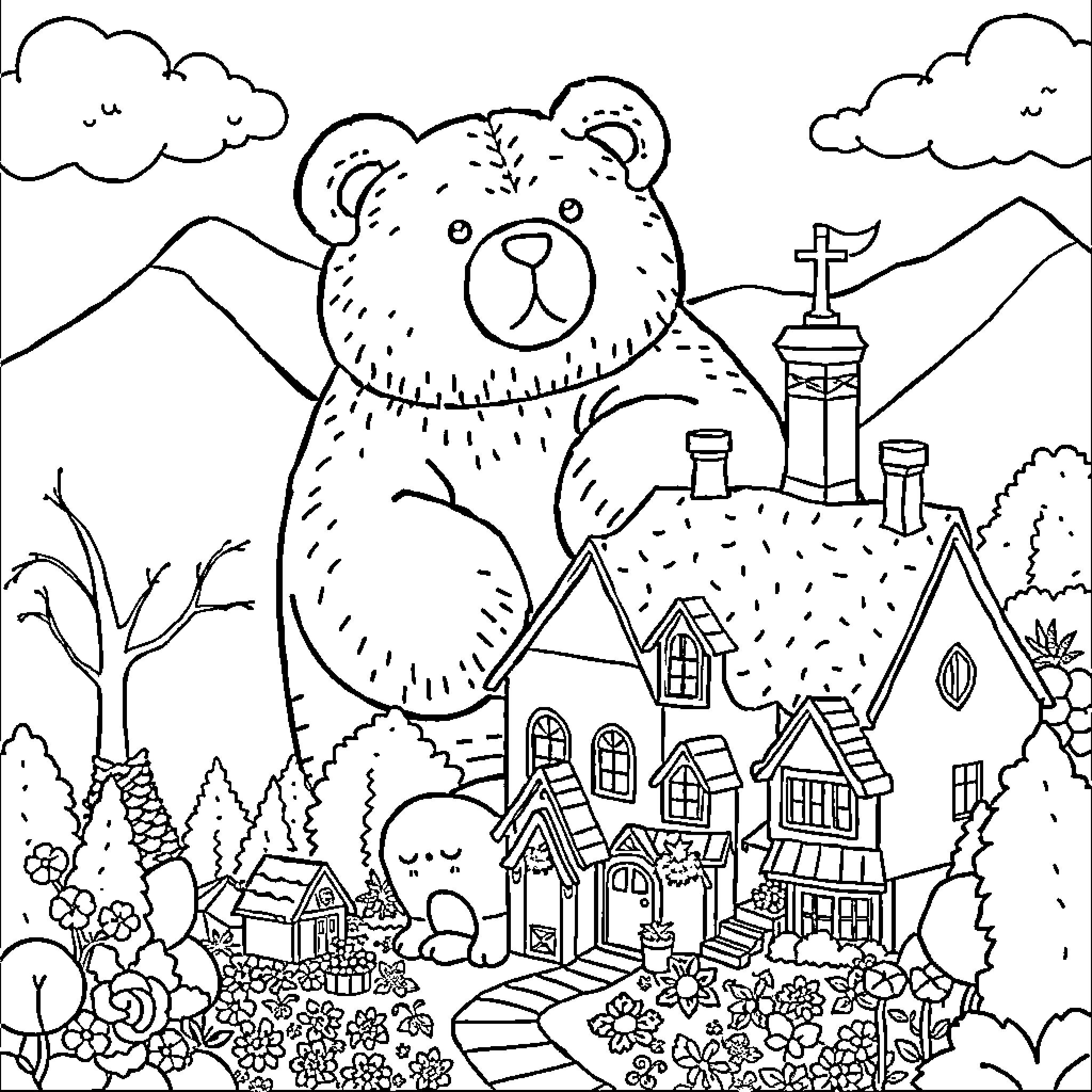 Gummy Bear exploring a cozy cottage in the mountains Coloring Page (free black-and-white line drawing printable PDF for all, from beginners to advanced learners, including children, teens, adults, and seniors)