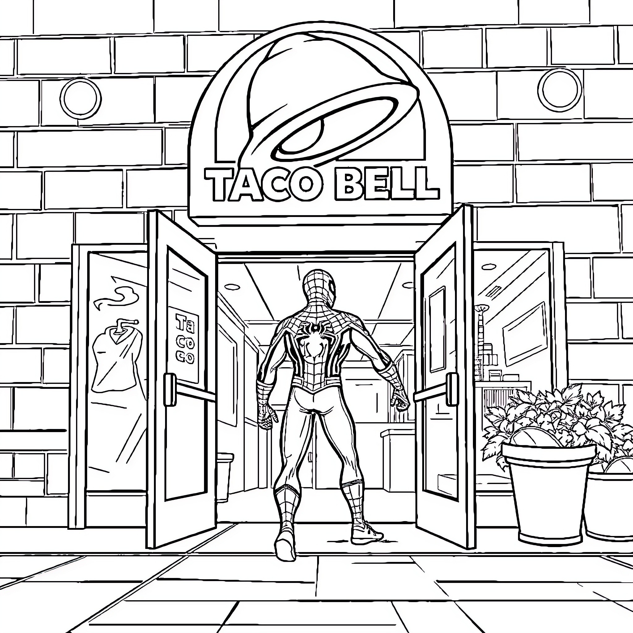 Spiderman visiting Taco Bell Coloring Page (free black-and-white line drawing printable PDF for all, from beginners to advanced learners, including children, teens, adults, and seniors)