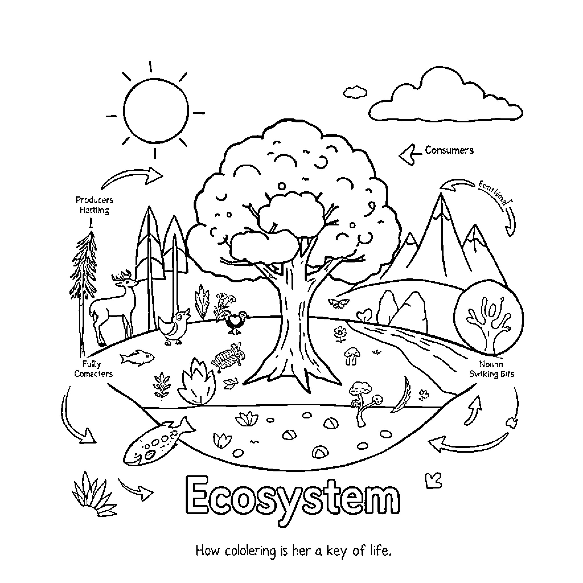 Ecosystem of Diverse Organisms and Interactions Coloring Page (free black-and-white line drawing printable PDF for all, from beginners to advanced learners, including children, teens, adults, and seniors)