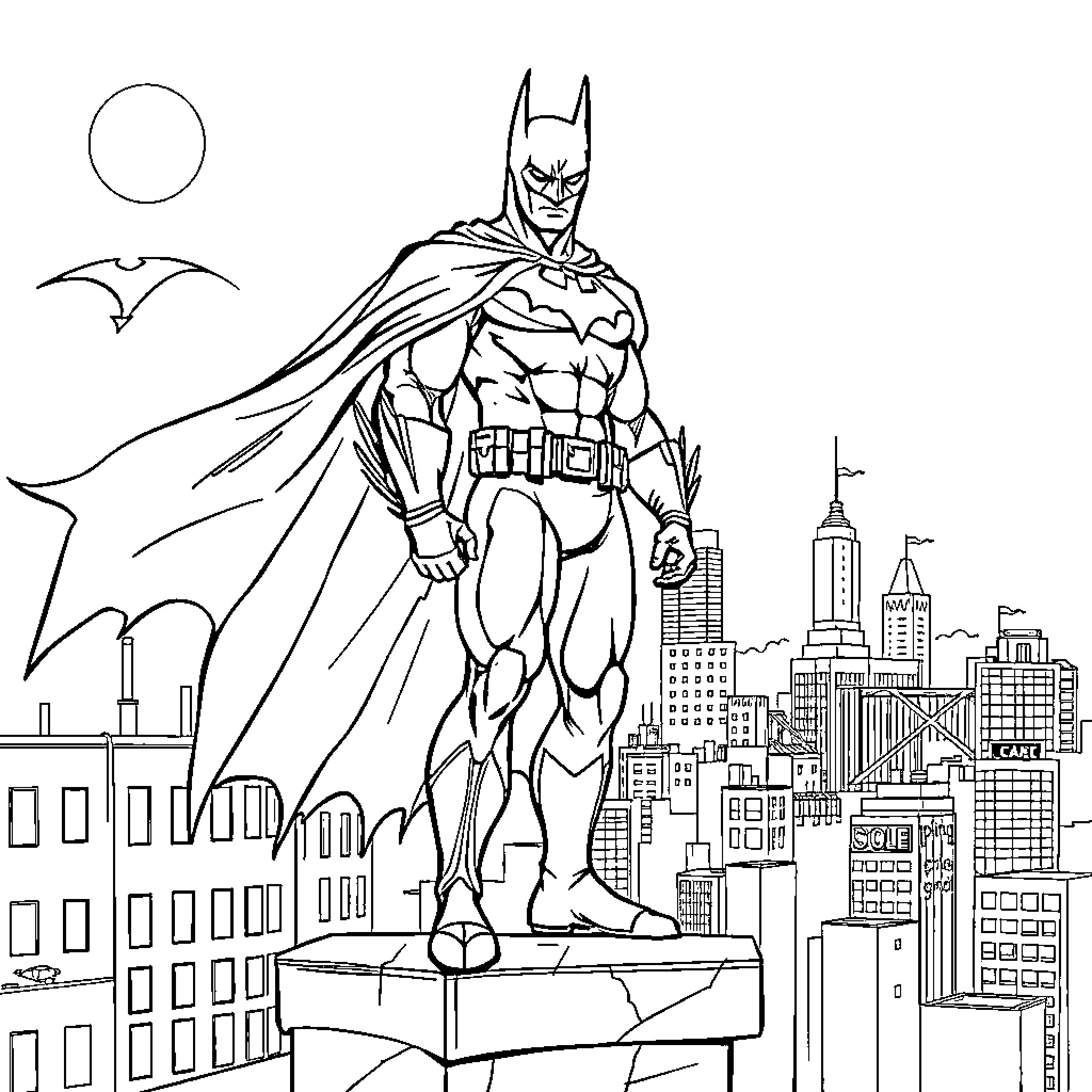 Batman heroically surveying the city skyline Coloring Page (free black-and-white line drawing printable PDF for all, from beginners to advanced learners, including children, teens, adults, and seniors)