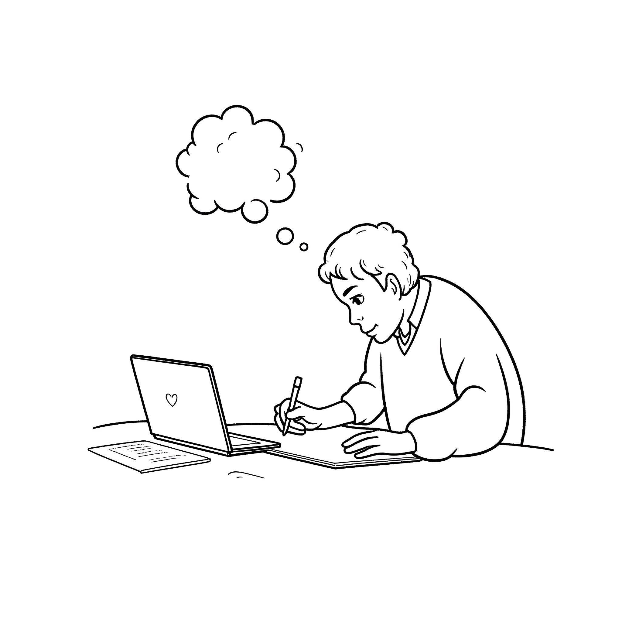 Mental Health: Person Focused on Work Coloring Page (free black-and-white line drawing printable PDF for all, from beginners to advanced learners, including children, teens, adults, and seniors)