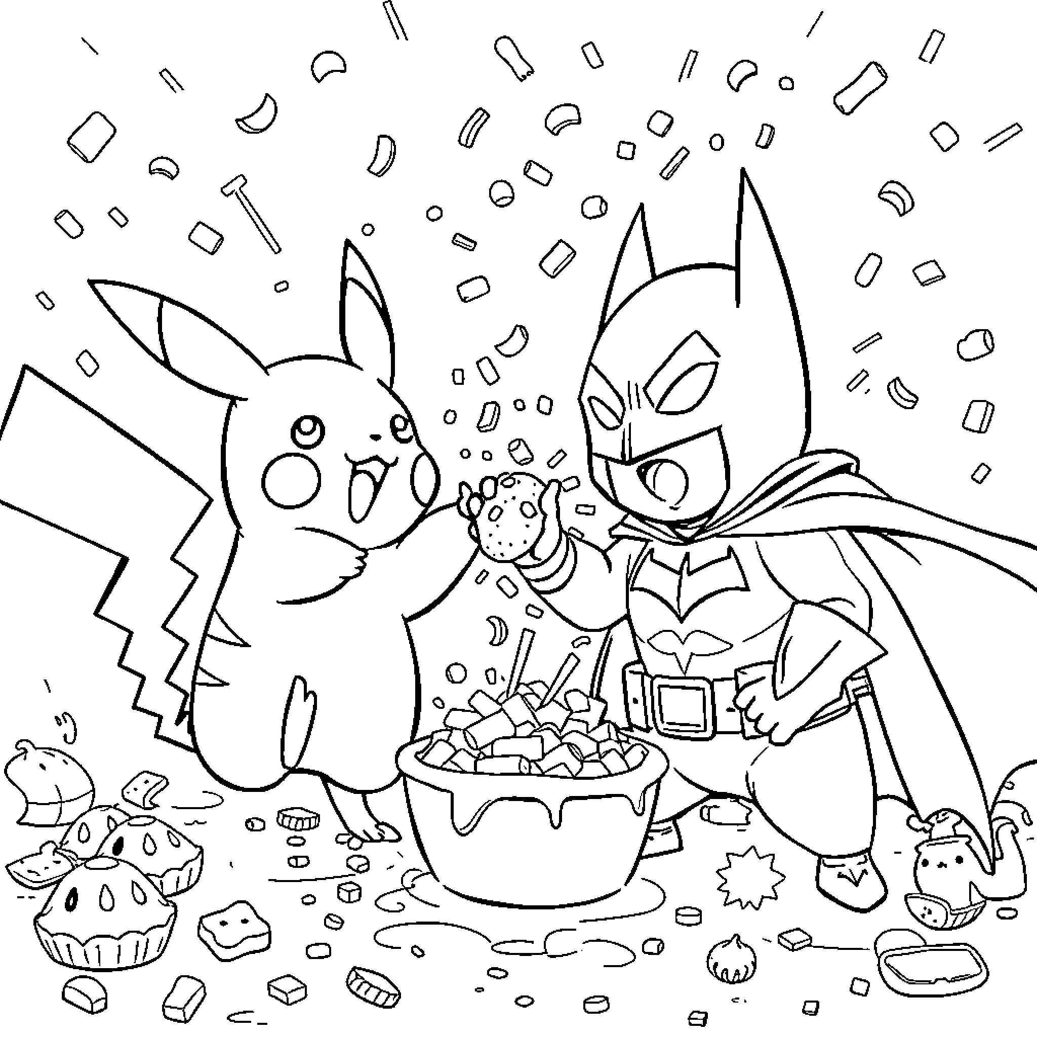 Pikachu and Batman trick-or-treating with friends Coloring Page (free black-and-white line drawing printable PDF for all, from beginners to advanced learners, including children, teens, adults, and seniors)