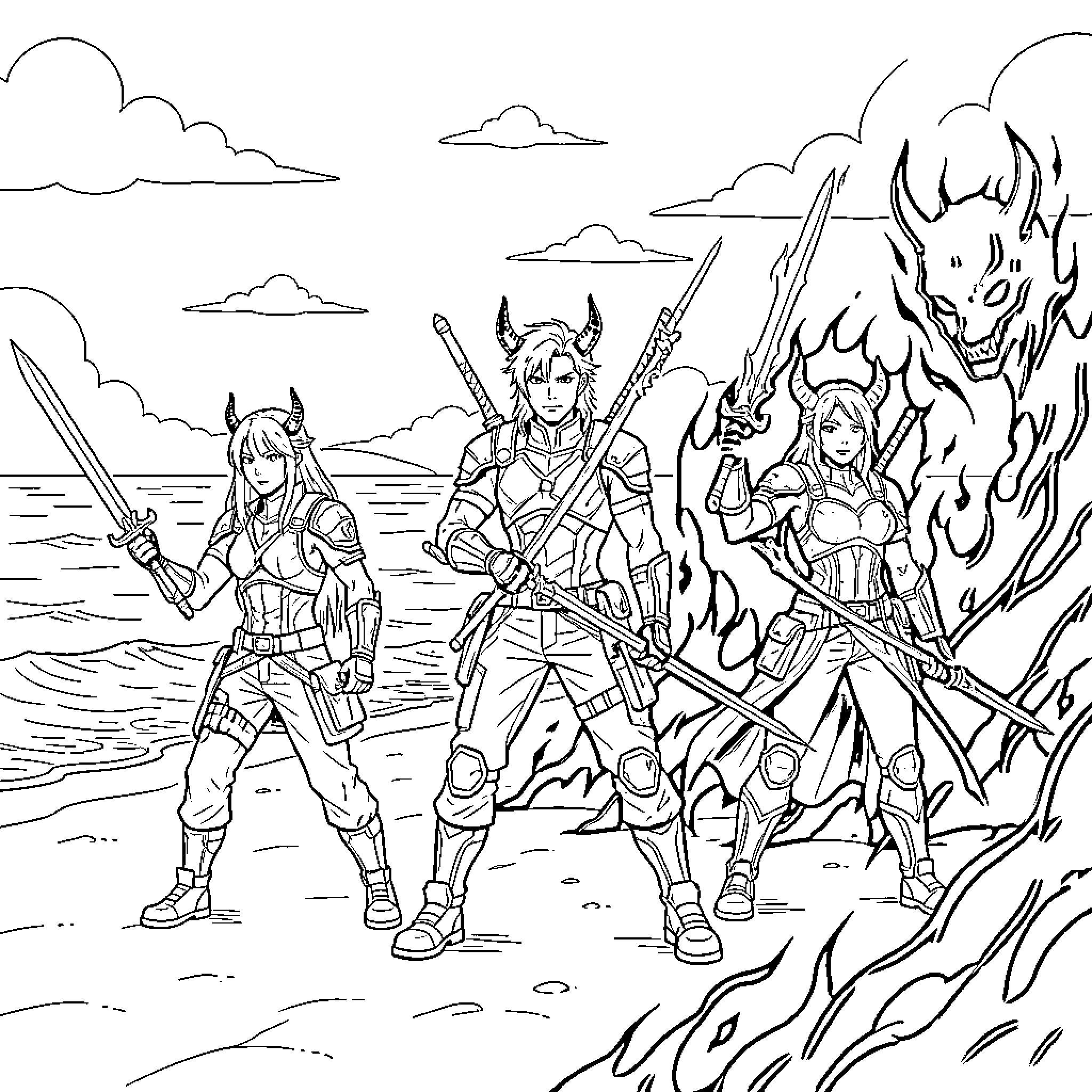 Kpop Demon Hunter warriors posing with swords on a beach Coloring Page (free black-and-white line drawing printable PDF for all, from beginners to advanced learners, including children, teens, adults, and seniors)