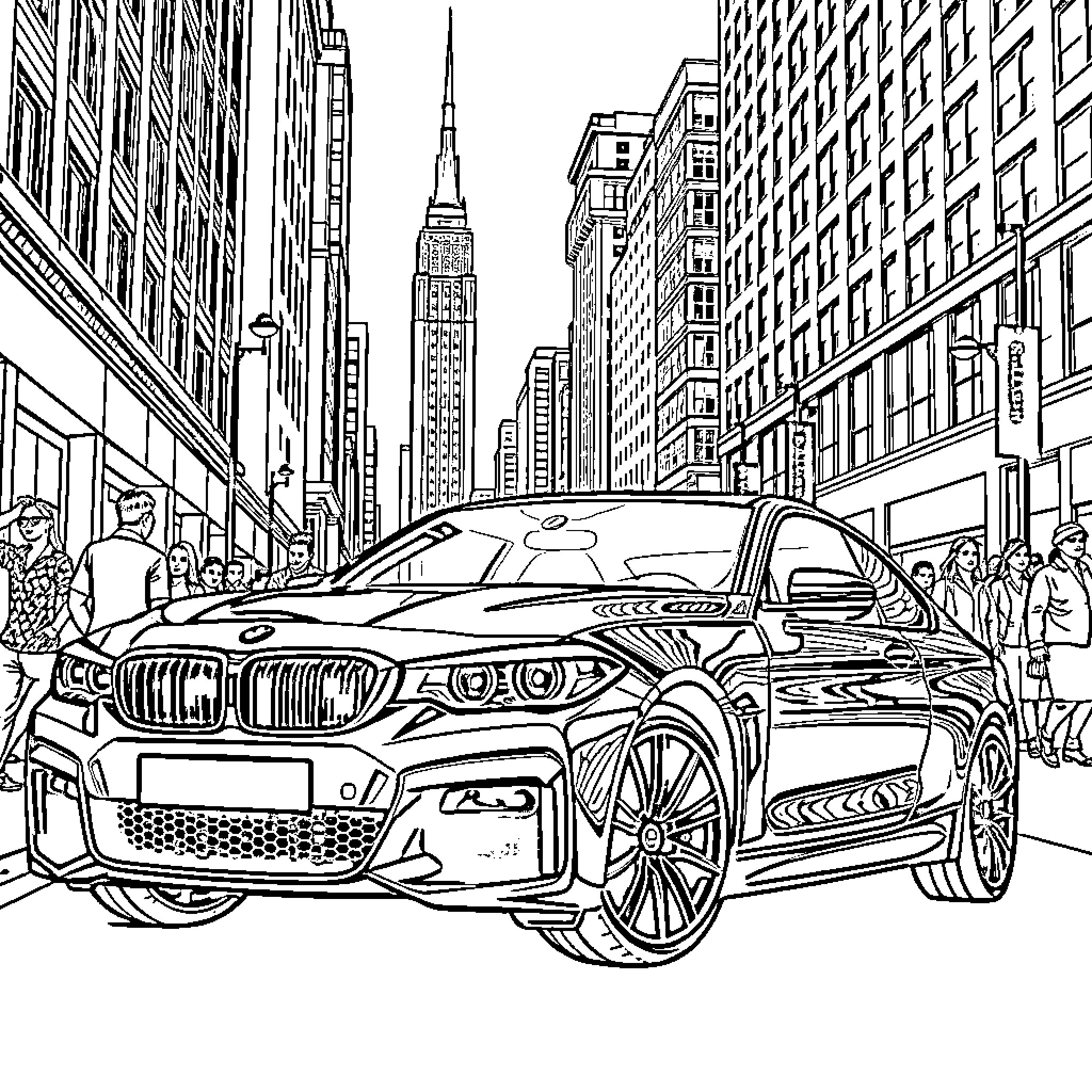 BMW in Bustling City Street Coloring Page (free black-and-white line drawing printable PDF for all, from beginners to advanced learners, including children, teens, adults, and seniors)