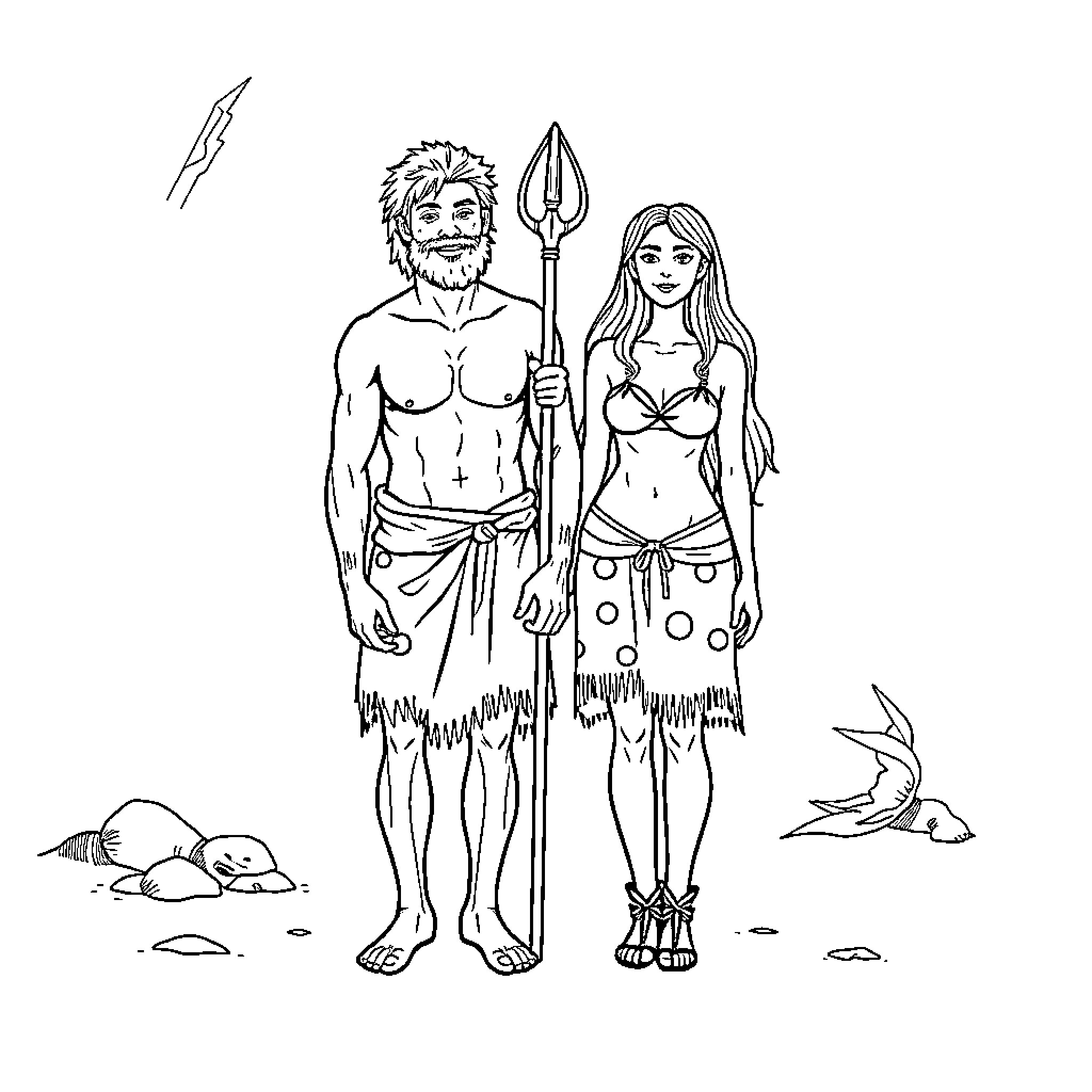 Adam and Eve in a natural setting Coloring Page (free black-and-white line drawing printable PDF for all, from beginners to advanced learners, including children, teens, adults, and seniors)