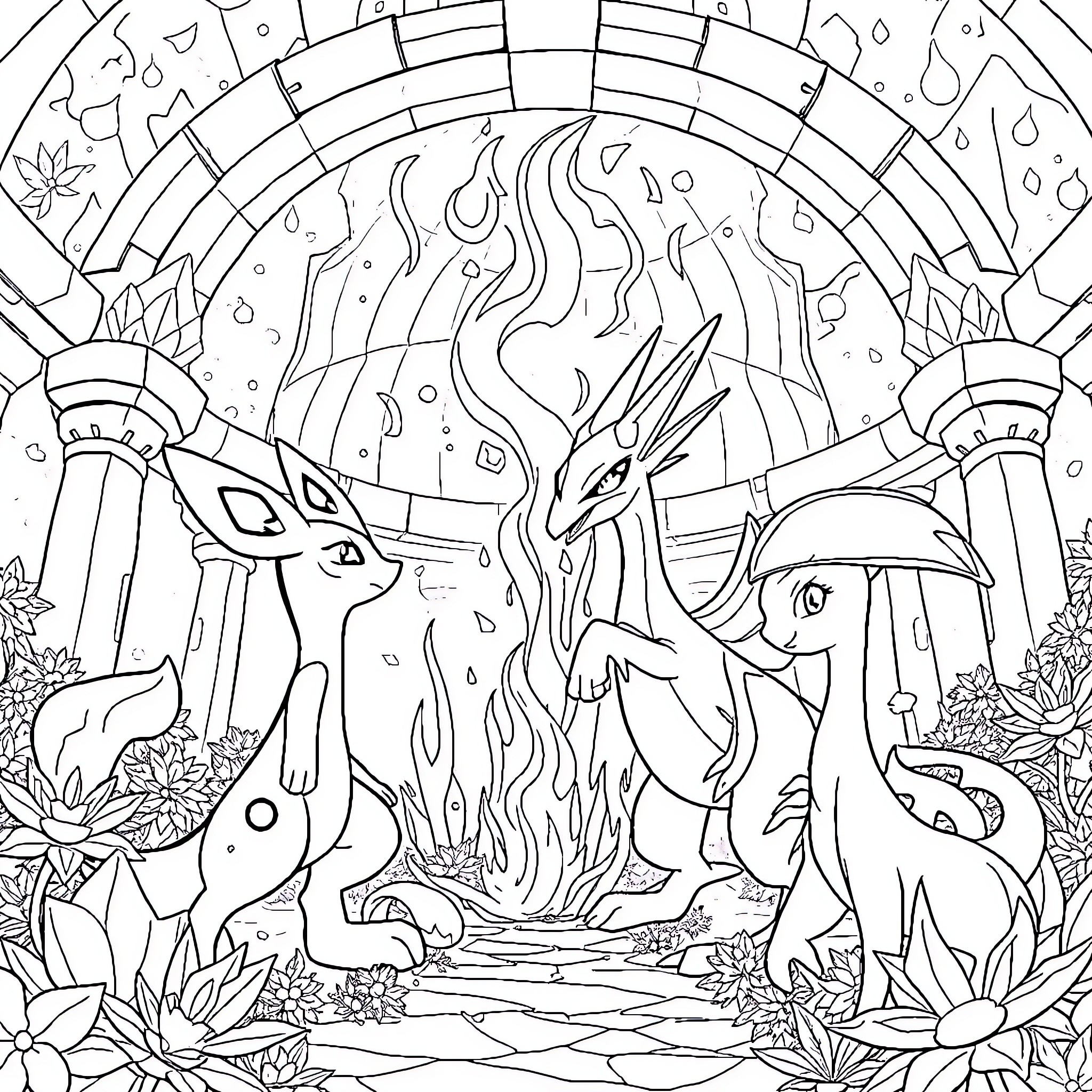 Lucario and Riolu in a Mystical Forest Scene Coloring Page (free black-and-white line drawing printable PDF for all, from beginners to advanced learners, including children, teens, adults, and seniors)