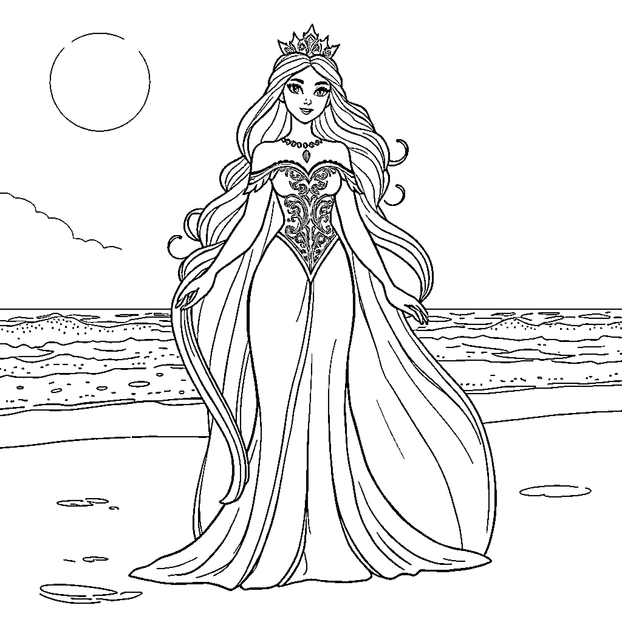 Snow Queen in a Majestic Gown by the Sea Coloring Page (free black-and-white line drawing printable PDF for all, from beginners to advanced learners, including children, teens, adults, and seniors)