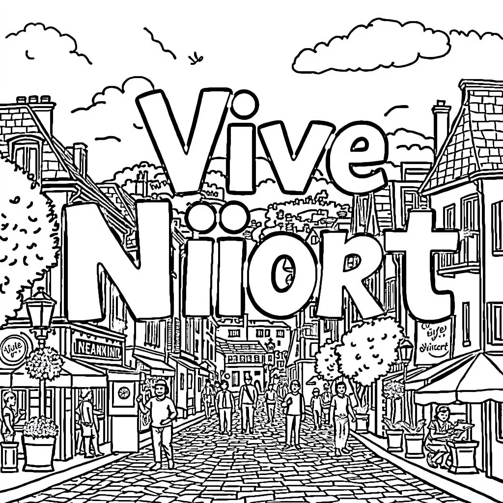Titeuf exploring a vibrant city scene Coloring Page (free black-and-white line drawing printable PDF for all, from beginners to advanced learners, including children, teens, adults, and seniors)