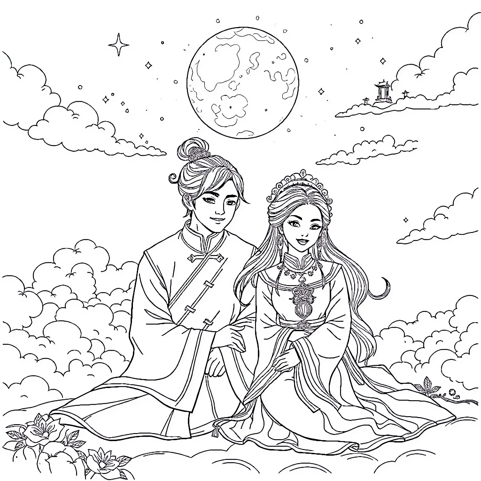Lan Zhan and His Beloved Companion in the Starry Night Coloring Page (free black-and-white line drawing printable PDF for all, from beginners to advanced learners, including children, teens, adults, and seniors)