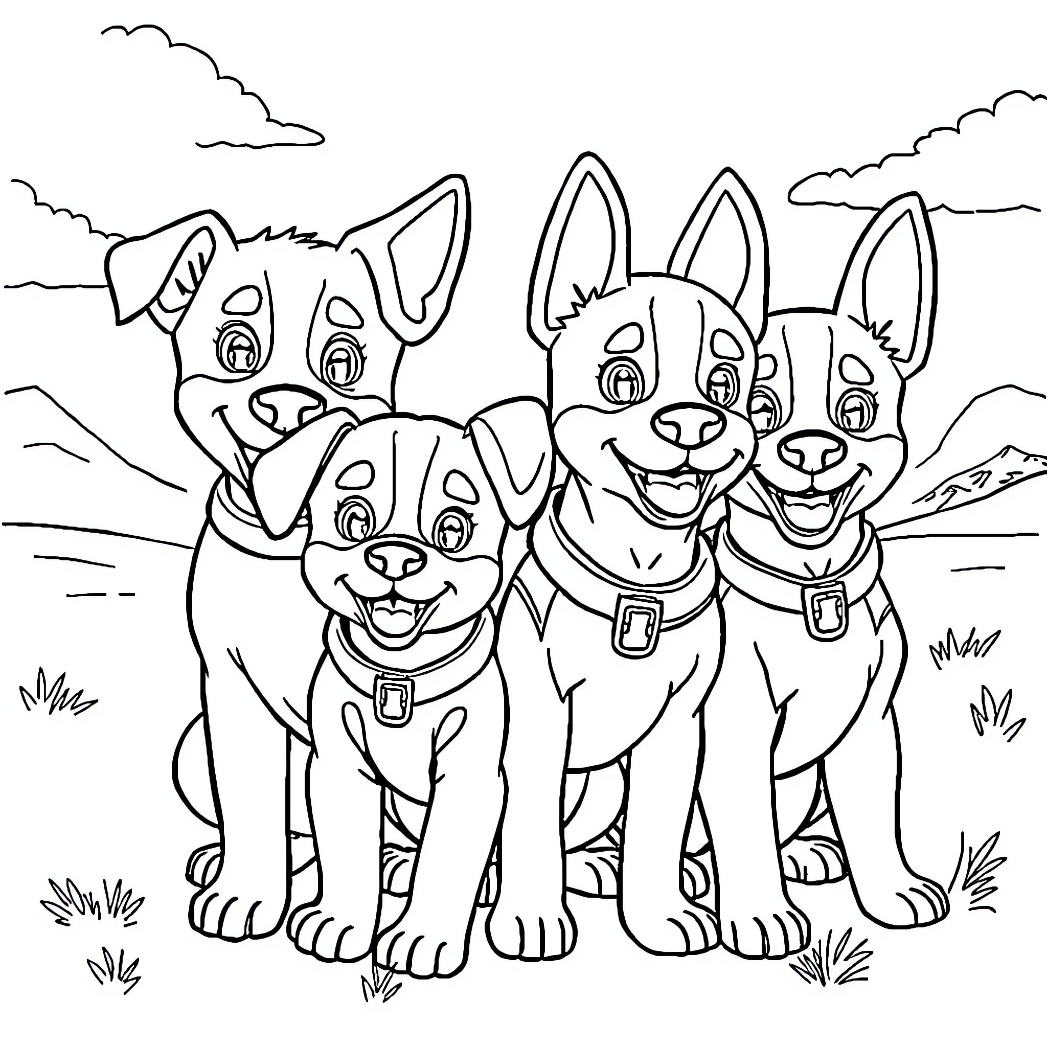 Paw Patrol Team Exploring the Outdoors Coloring Page (free black-and-white line drawing printable PDF for all, from beginners to advanced learners, including children, teens, adults, and seniors)
