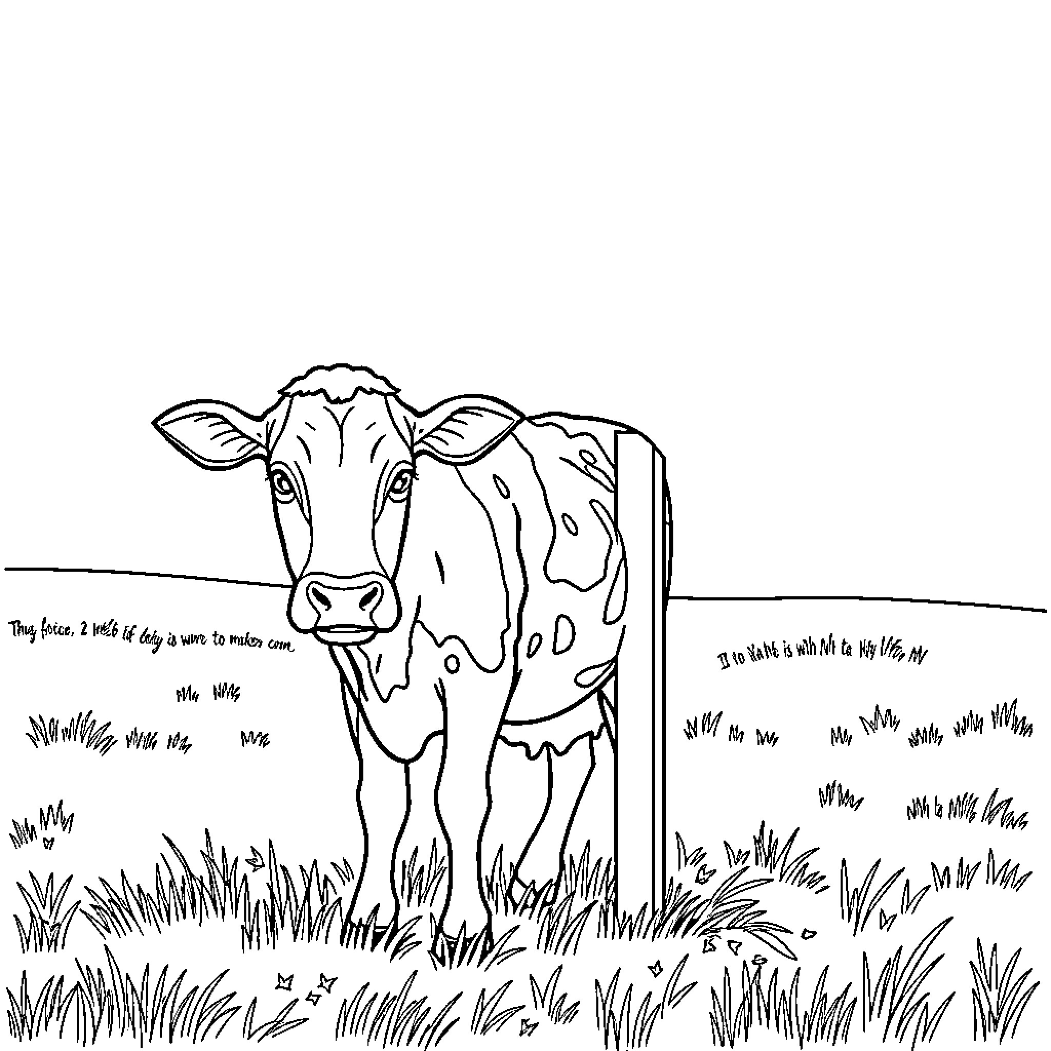 Cow standing in a grassy field Coloring Page (free black-and-white line drawing printable PDF for all, from beginners to advanced learners, including children, teens, adults, and seniors)
