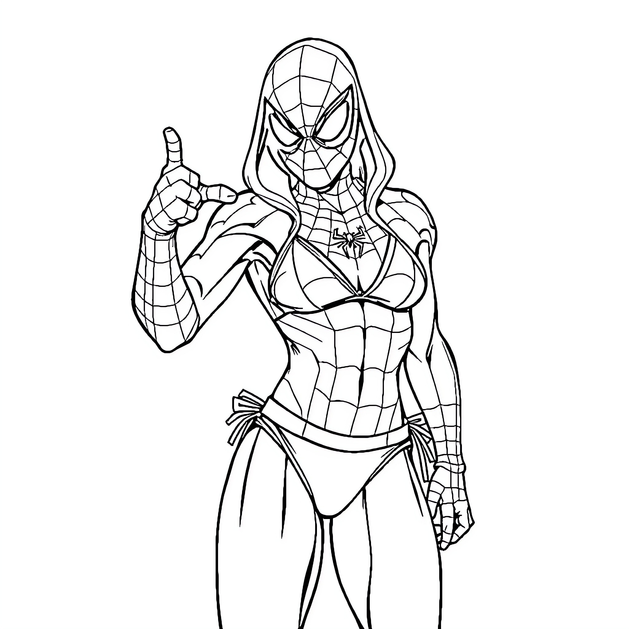 Spider-Man pointing heroically in action pose Coloring Page (free black-and-white line drawing printable PDF for all, from beginners to advanced learners, including children, teens, adults, and seniors)