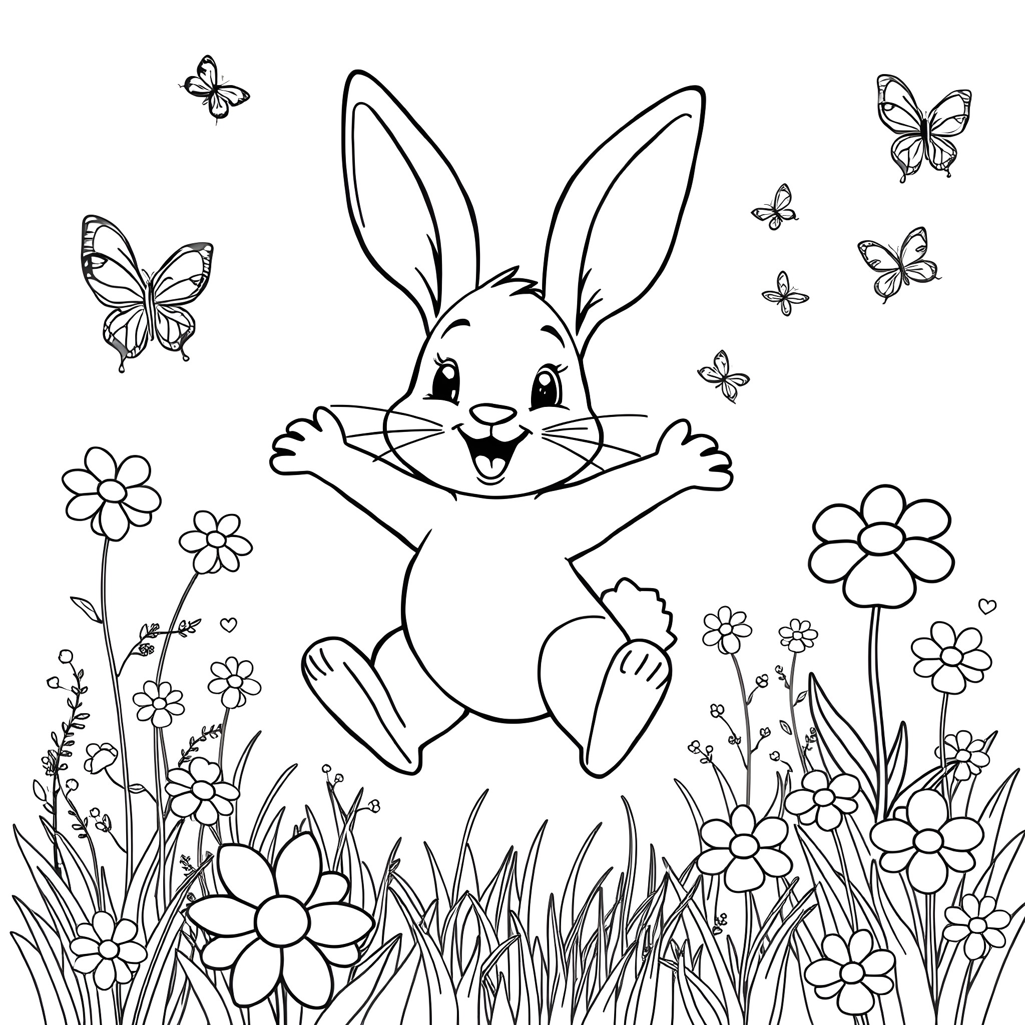 Bunny happily jumping in the flower garden Coloring Page (free black-and-white line drawing printable PDF for all, from beginners to advanced learners, including children, teens, adults, and seniors)