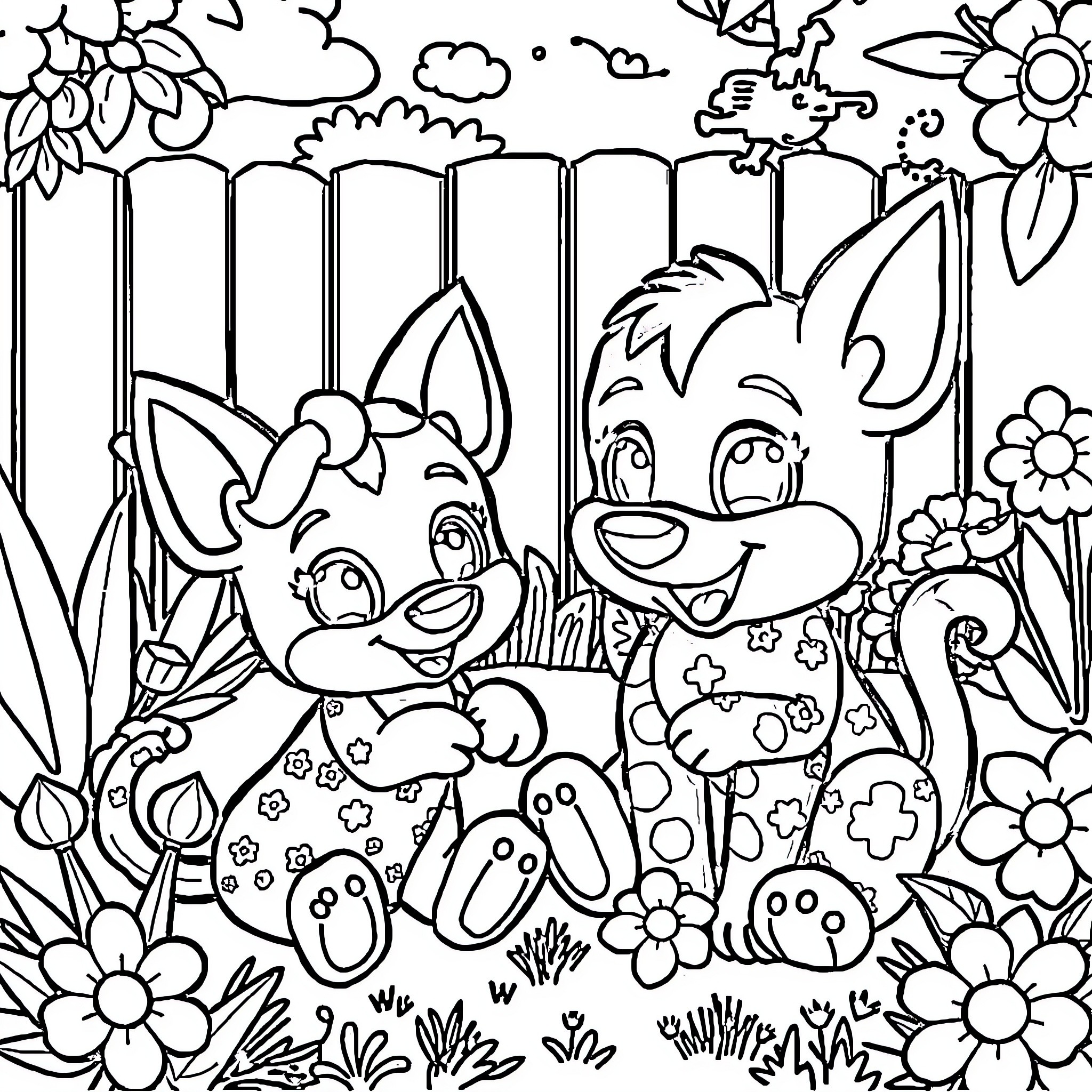 Bluey and Friends Explore the Colorful Garden Coloring Page (free black-and-white line drawing printable PDF for all, from beginners to advanced learners, including children, teens, adults, and seniors)