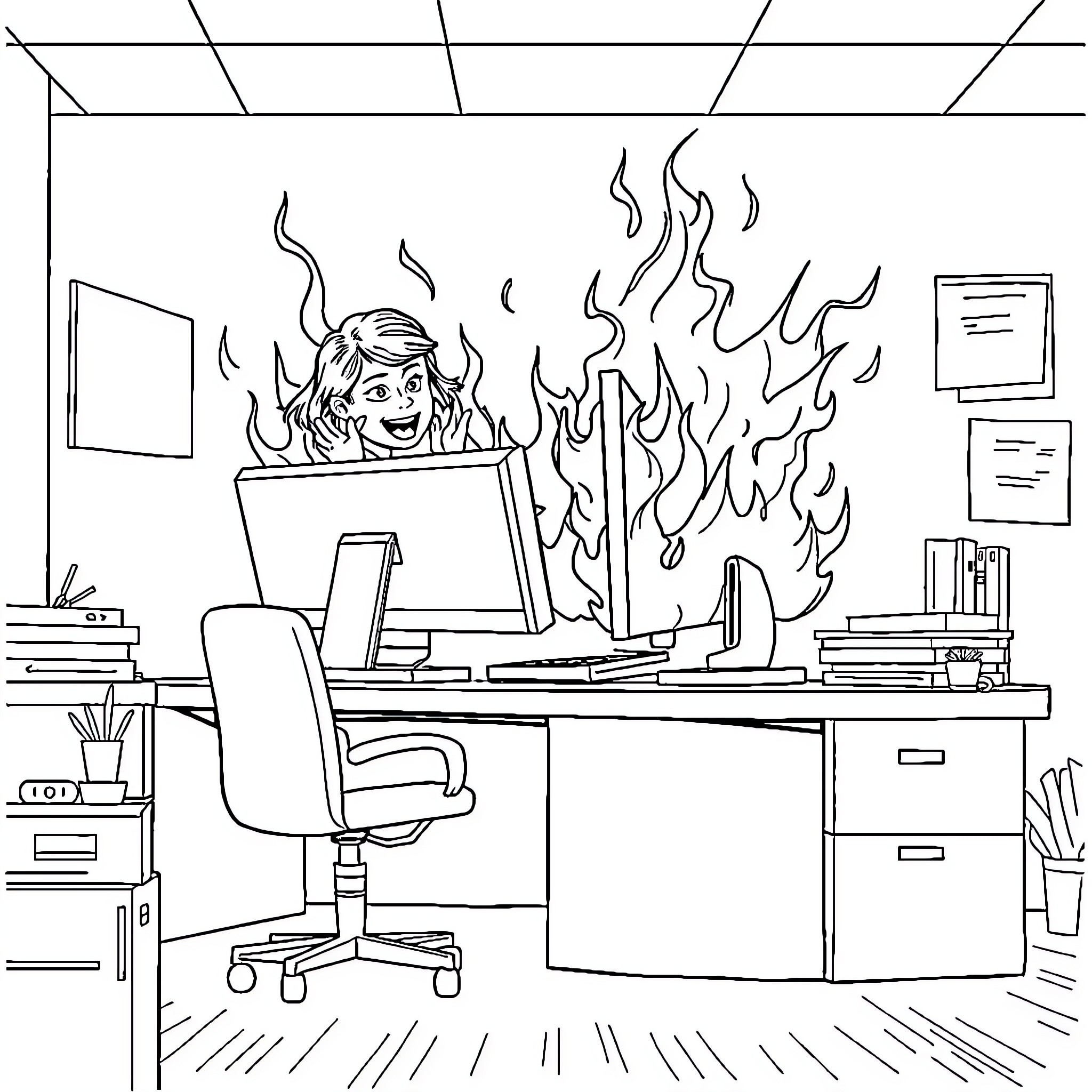 Receptionist dealing with a computer on fire Coloring Page (free black-and-white line drawing printable PDF for all, from beginners to advanced learners, including children, teens, adults, and seniors)