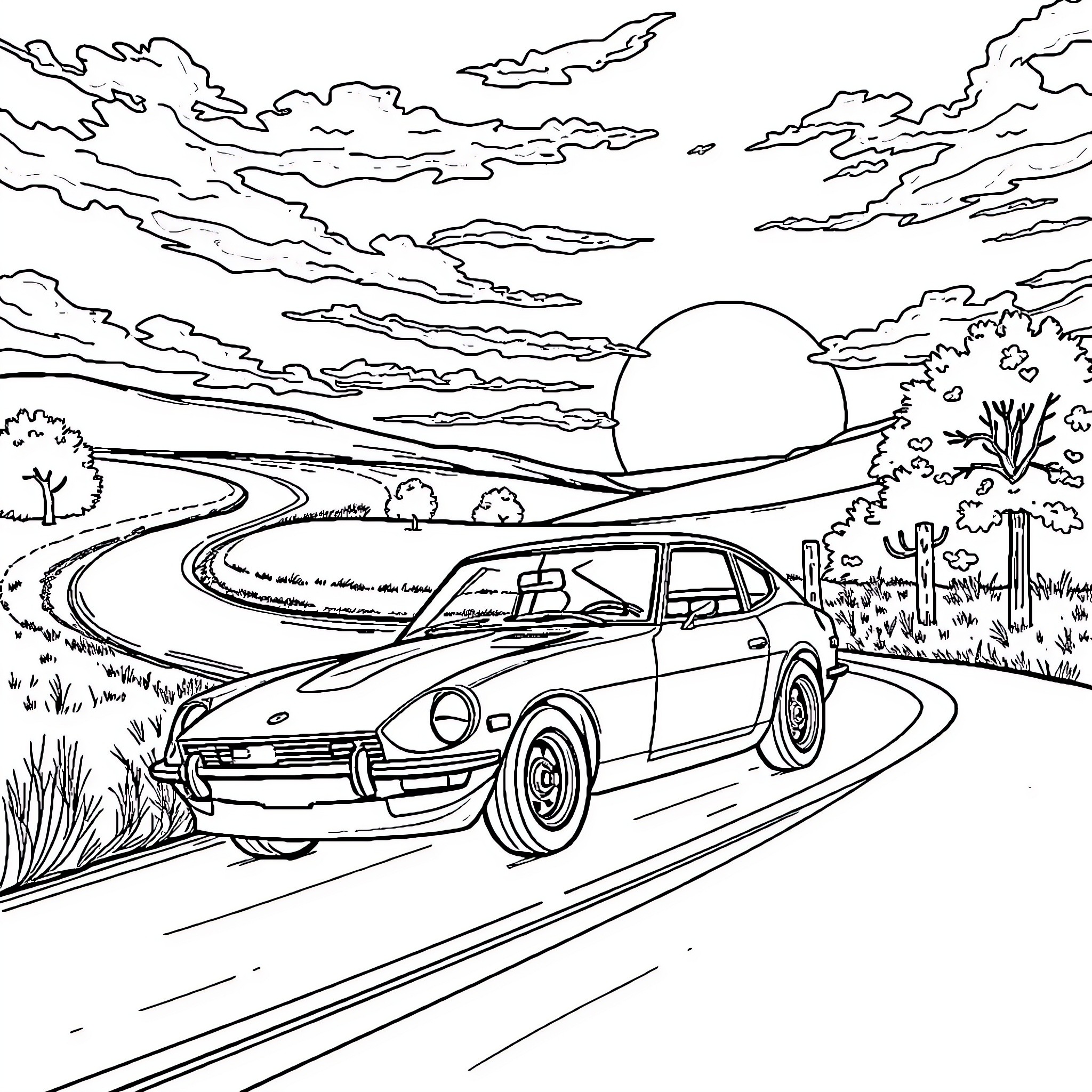 Datsun sports car speeding through countryside landscape Coloring Page (free black-and-white line drawing printable PDF for all, from beginners to advanced learners, including children, teens, adults, and seniors)