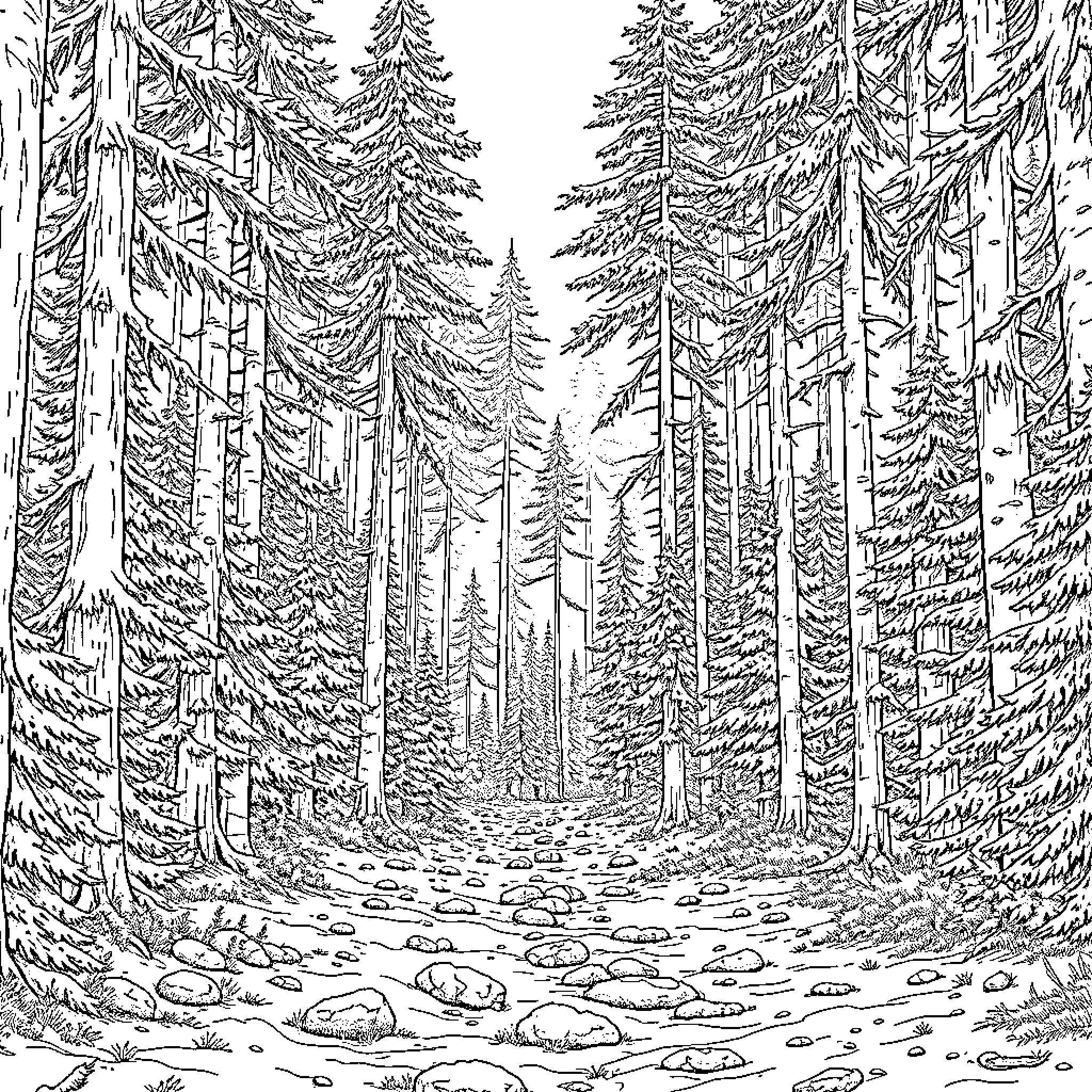 Forest Trail Through Tall Pine Trees Coloring Page (free black-and-white line drawing printable PDF for all, from beginners to advanced learners, including children, teens, adults, and seniors)