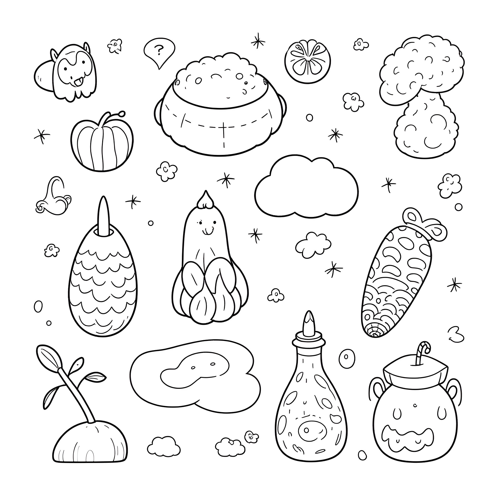 Shapes and Expressions in Whimsical Illustration Coloring Page (free black-and-white line drawing printable PDF for all, from beginners to advanced learners, including children, teens, adults, and seniors)