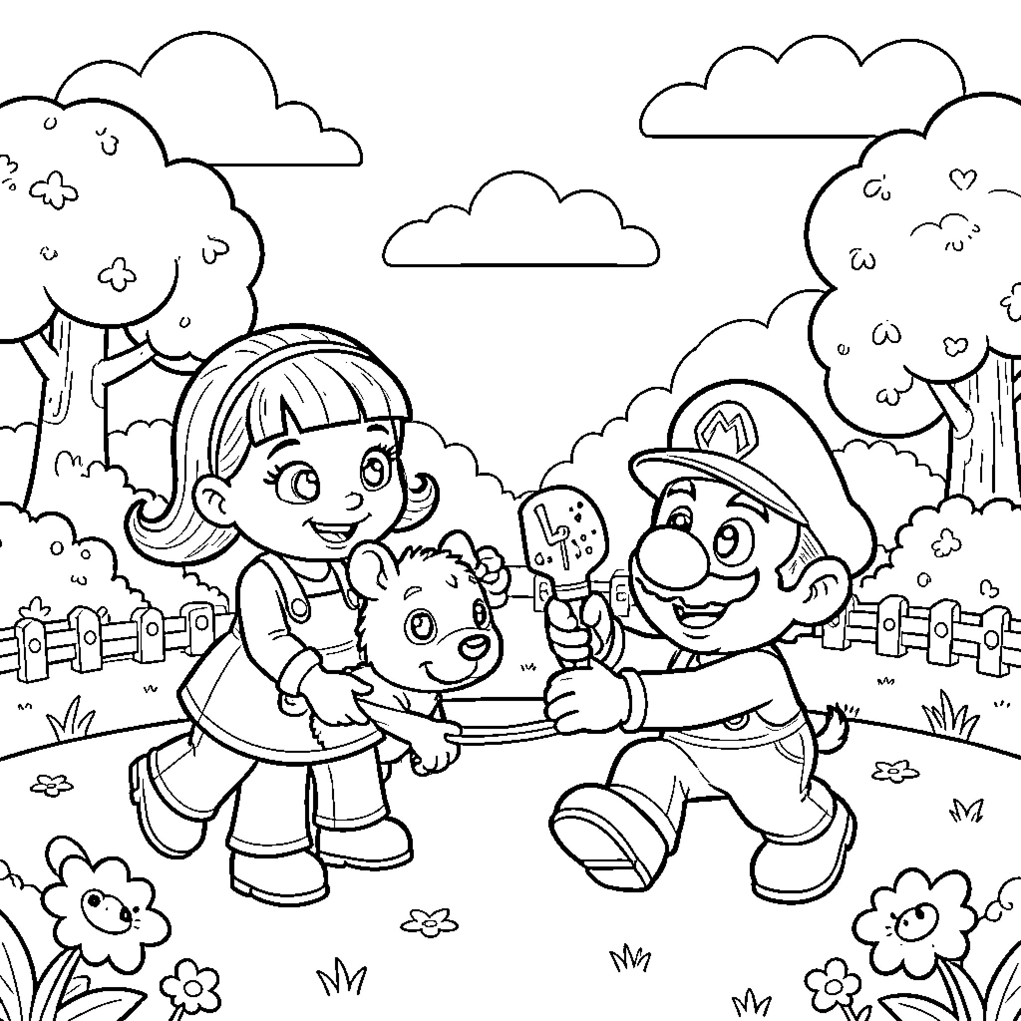 Doc McStuffins playing with Mario in a park Coloring Page (free black-and-white line drawing printable PDF for all, from beginners to advanced learners, including children, teens, adults, and seniors)